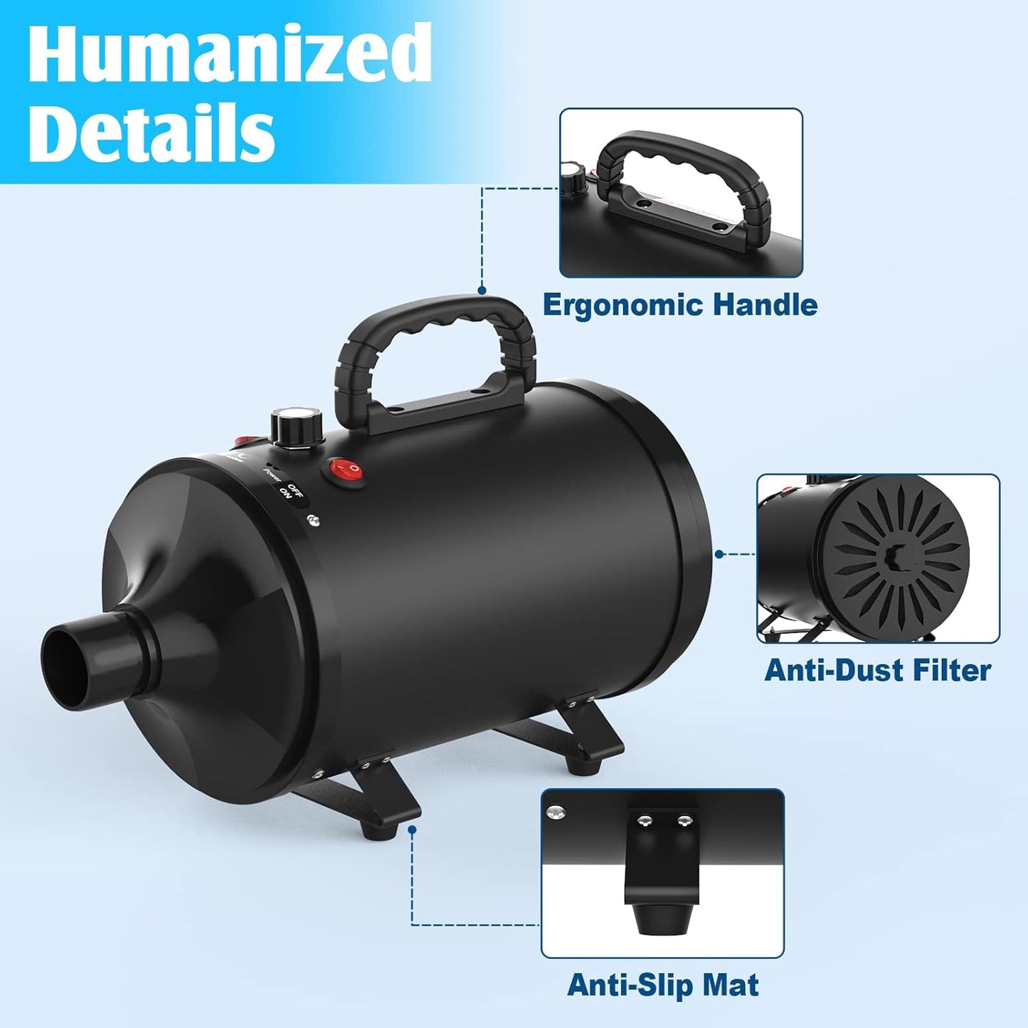 ADVWIN Pet Hair Dryer, High Velocity Dog Dryer with 4 Different Nozzles, Pet Grooming Blow Dryer Heater with Adjustable Speed, Black