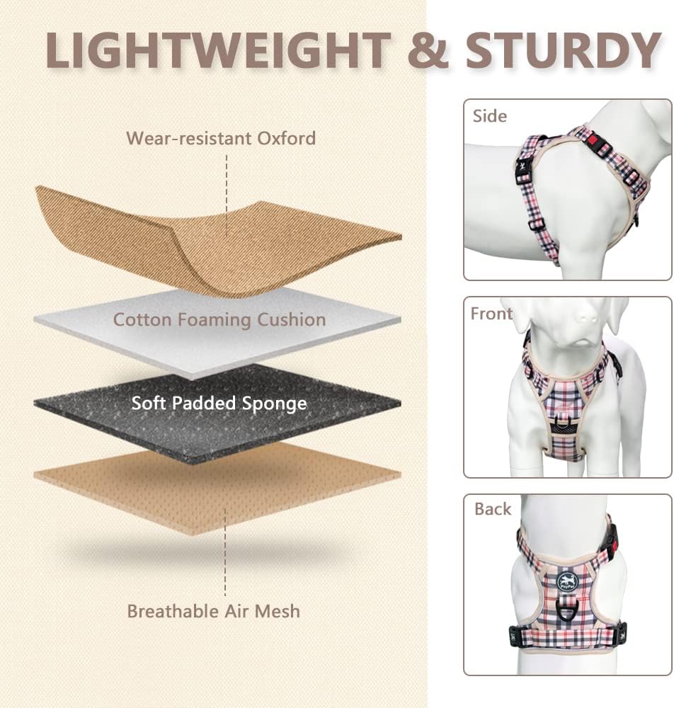 PoyPet No Pull Dog Harness, No Choke Reflective Oxford Outdoor Vest (Checkered Beige,S)