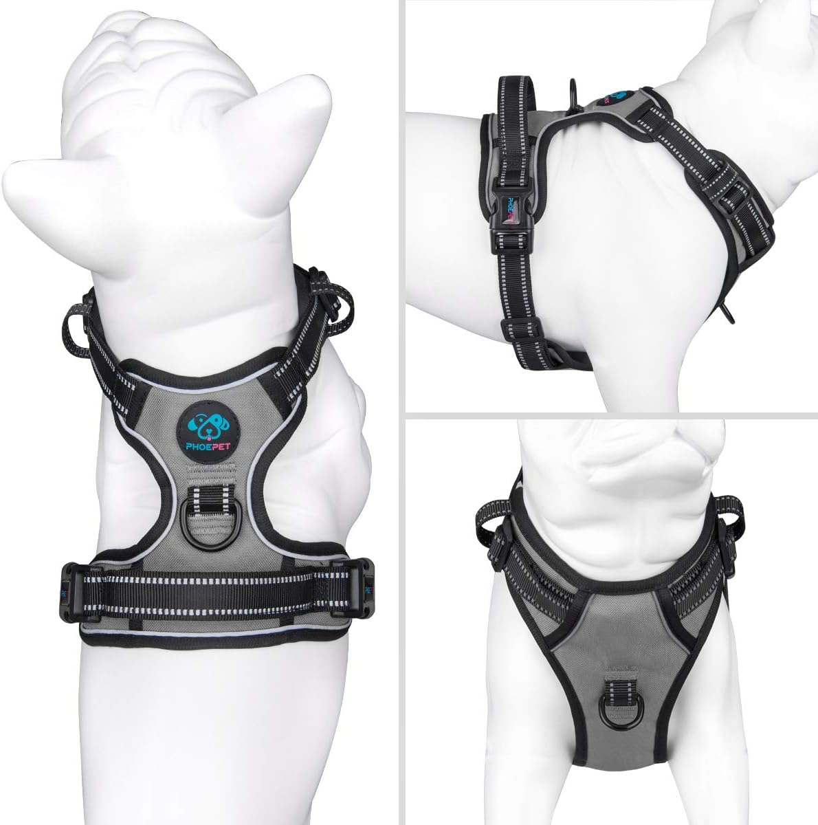 PHOEPET No Pull Dog Harness Medium 3M Reflective Front Clip Vest (M, Grey)