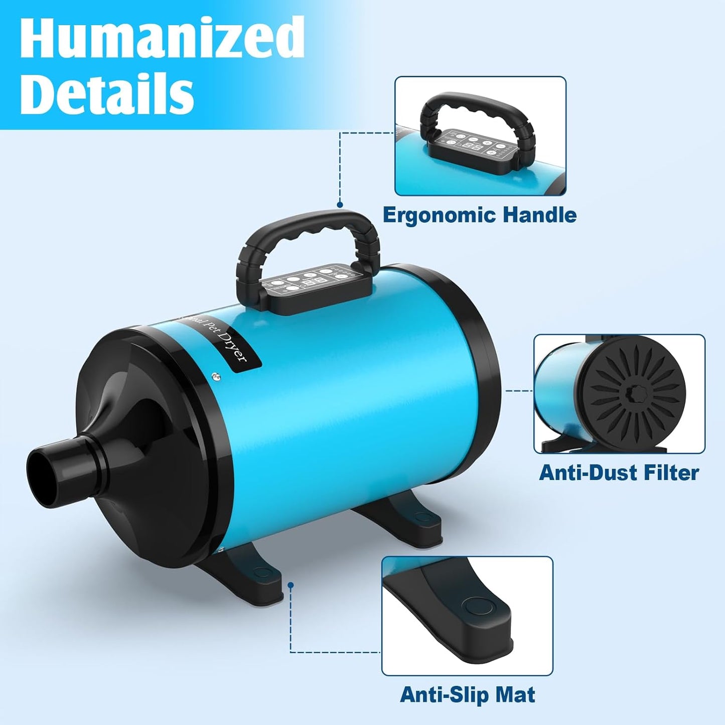 ADVWIN Dog Dryer, Pet Grooming Blow Dryer with LCD Display & Temperature Adjustable, 50-120m/s Adjustable Speed, 4 Different Nozzles, Blue
