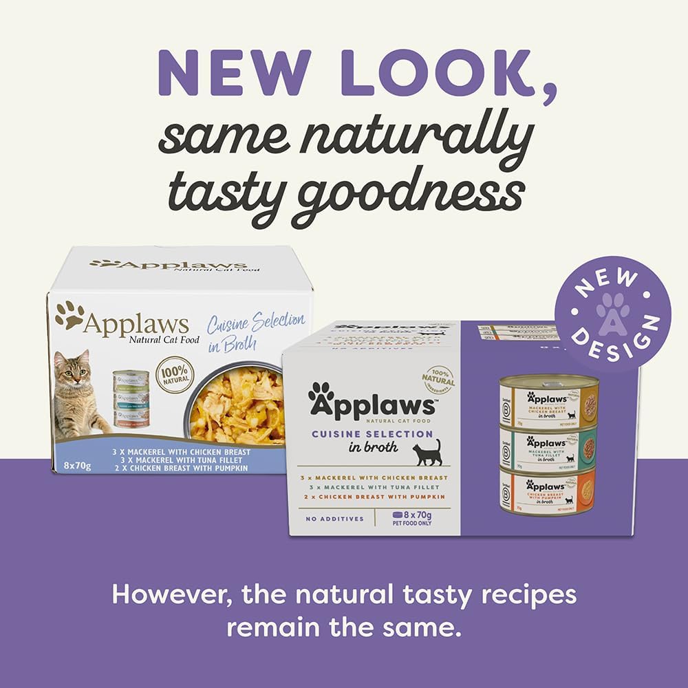 Applaws 100% Natural Wet Cat Food Mixed Variety Cuisine Selection in Broth Tin 70g (Pack of 32), Limited Ingredients Pet Food