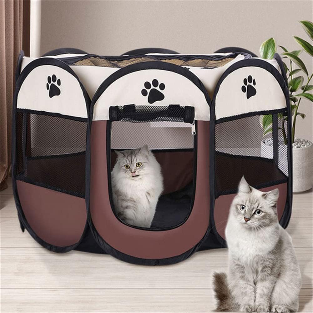 Pet Playpen Dog Tent, 114x114x58cm Foldable Portable Soft Dog Exercise Pen (Large, Brown)