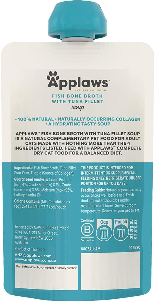 Applaws 100% Natural Wet Cat Treat Fish Bone Broth with Tuna Fillet Soup, Limited Ingredients Pet Food 80g (Pack of 6)