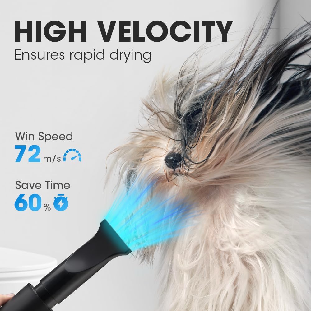 Petzly Dog Dryer for Pet Grooming, 3200W High Velocity Force Blow Pet Dryer, Adjustable Speed & Temperature Control Dog Blow Dryer, Quiet Dog Hair Dryer with 3 Nozzle
