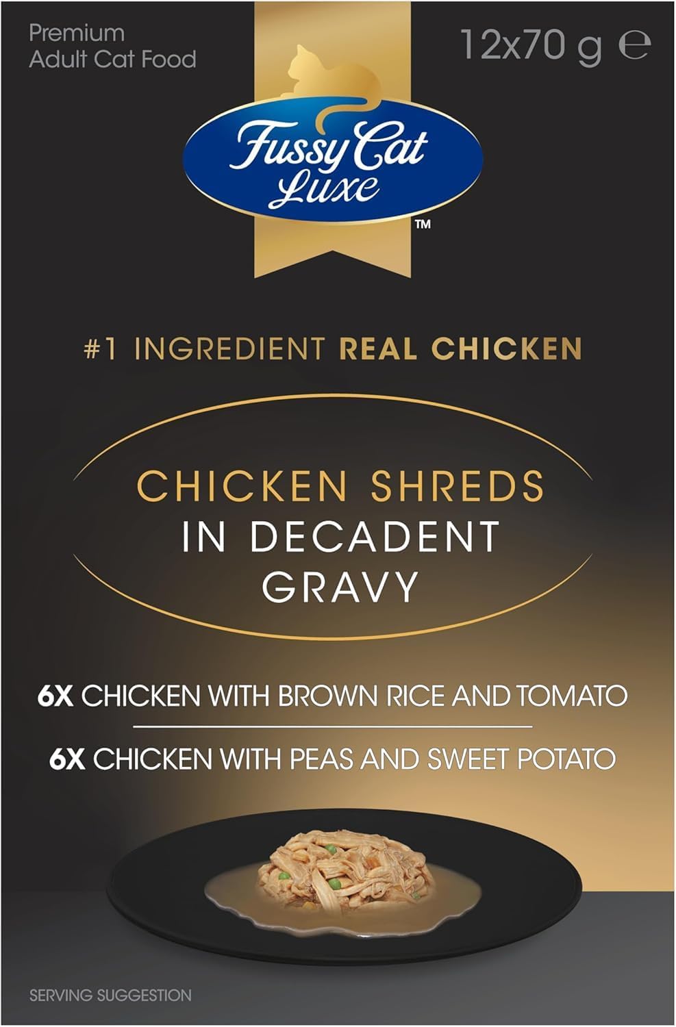 Fussy Cat Luxe Wet Cat Food, Chicken Shreds in Decadent Gravy 12x70g