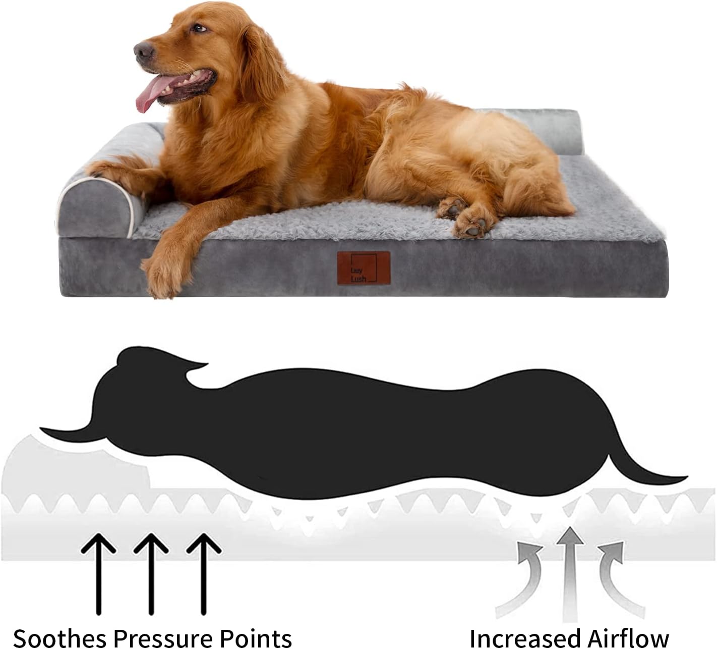 Lazy Lush Bolster Dog Bed for Extra Large Dogs, Memory Foam Orthopedic L-Shape