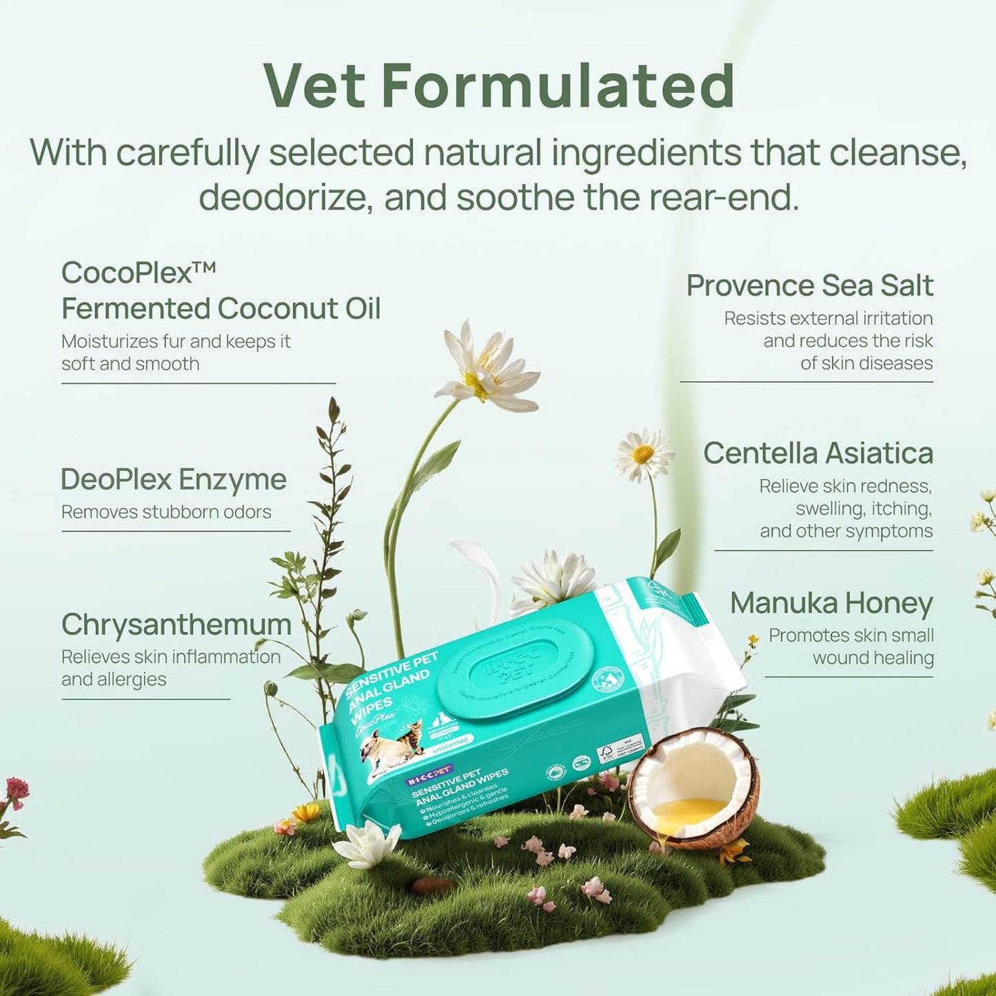 HICC PET Wipes for Dogs & Cats, Vet Recommended Cleansing Deodorizing & Soothing Allergy Infections Anal Gland Wipes with Coconut Oil, Dog Wipes for Cleaning Butt Paw