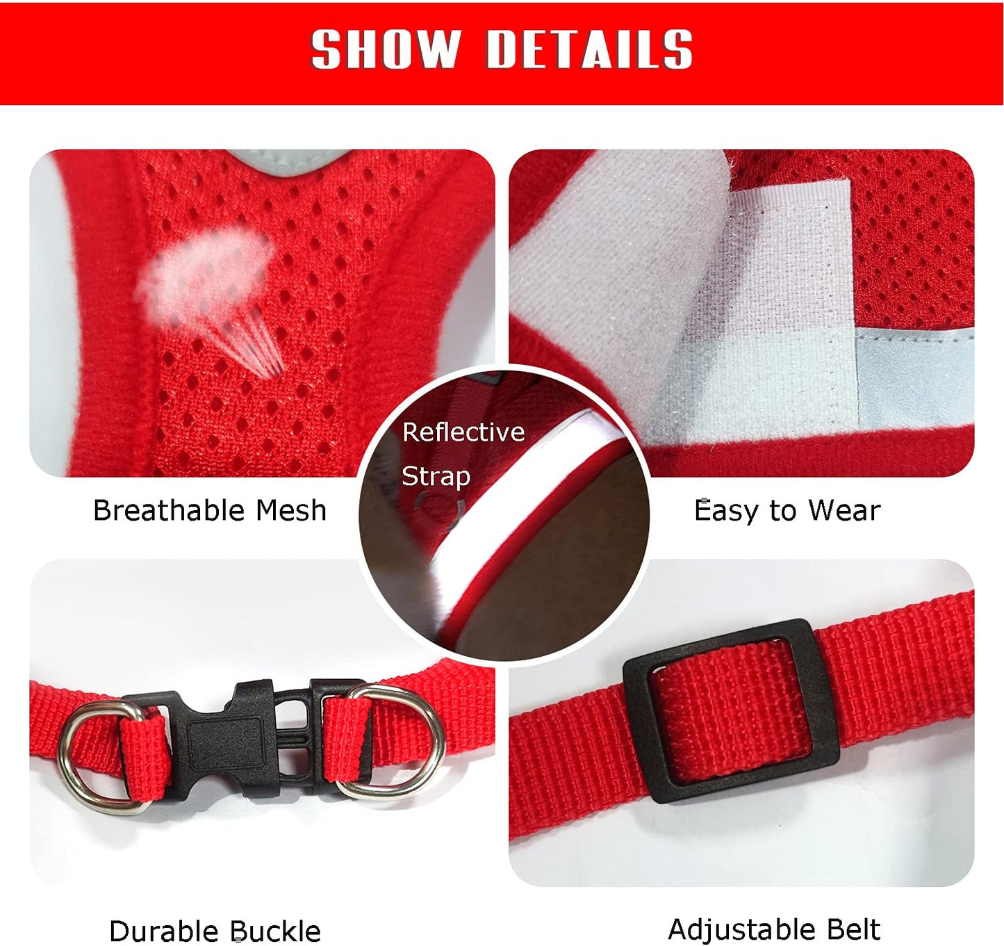 FEimaX Small Dog Cat Harness and Leash Set, No Pull Adjustable Pet Mesh Harness with Reflective Strips