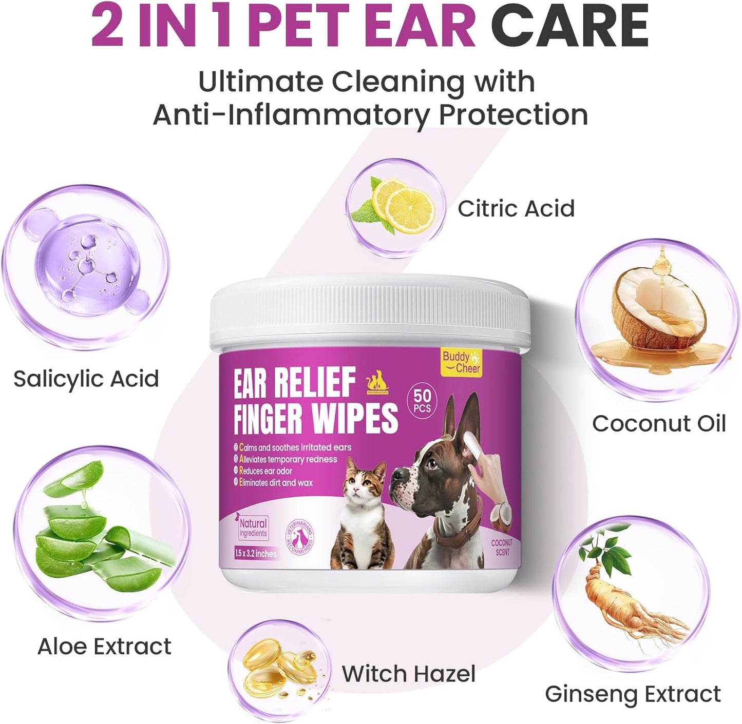 Pet Ear Cleaning Finger Wipes for Dogs & Cats - Dog Ear Cleaner with Aloe, Coconut Oil & Ginseng - Finger Dog Ear Wipes to Relieve Ear Itching, Infections, Wax & Smelly Ears - 50 Ct - Coconut Scent