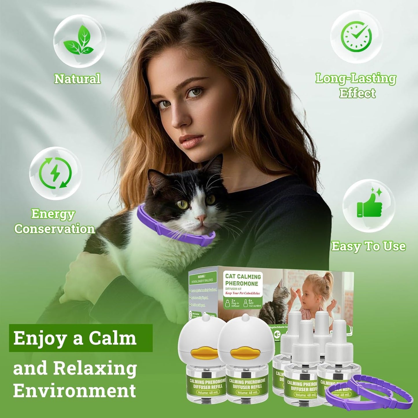 Cat Calming Diffuser Plug in Kit - 6 Pack Pheromone Diffuser for Anxious Cats, Anti-Stress & Comforting Solution with 2 Diffusers & 6 Refills +2pcs Calming Collar
