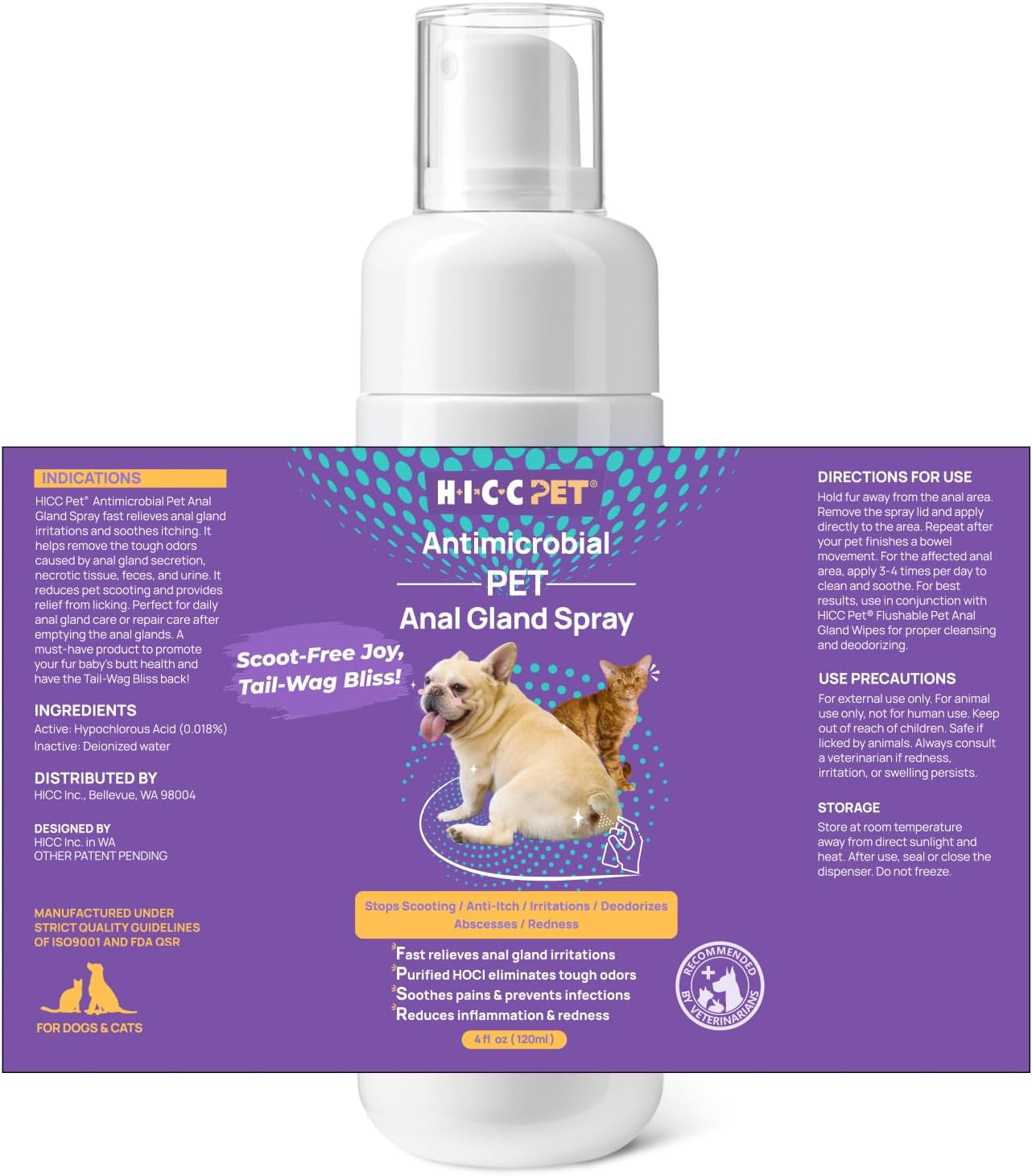 HICC PET Anal Gland Spray 4 oz, Hot Spot Spray Treatment for Dogs & Cats, Dog Anti Itch Spray