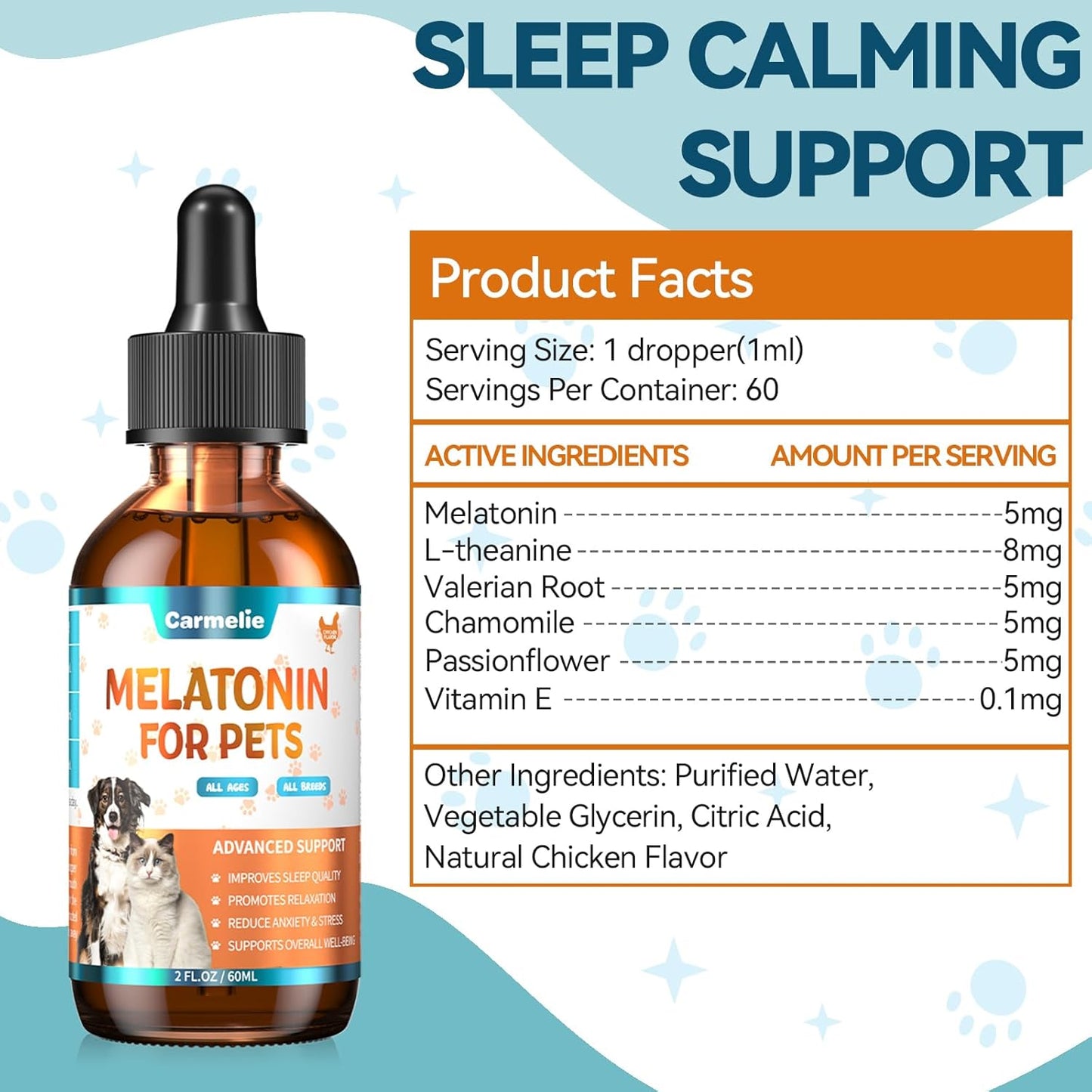 Melatonin for Pets, Dog Melatonin, Dog Sleep Supports, Liquid for Cats, Supports Relaxation Dogs & Cat, Calm Behavior in Dogs, Helps Restful Sleep, Chicken Flavor 60m
