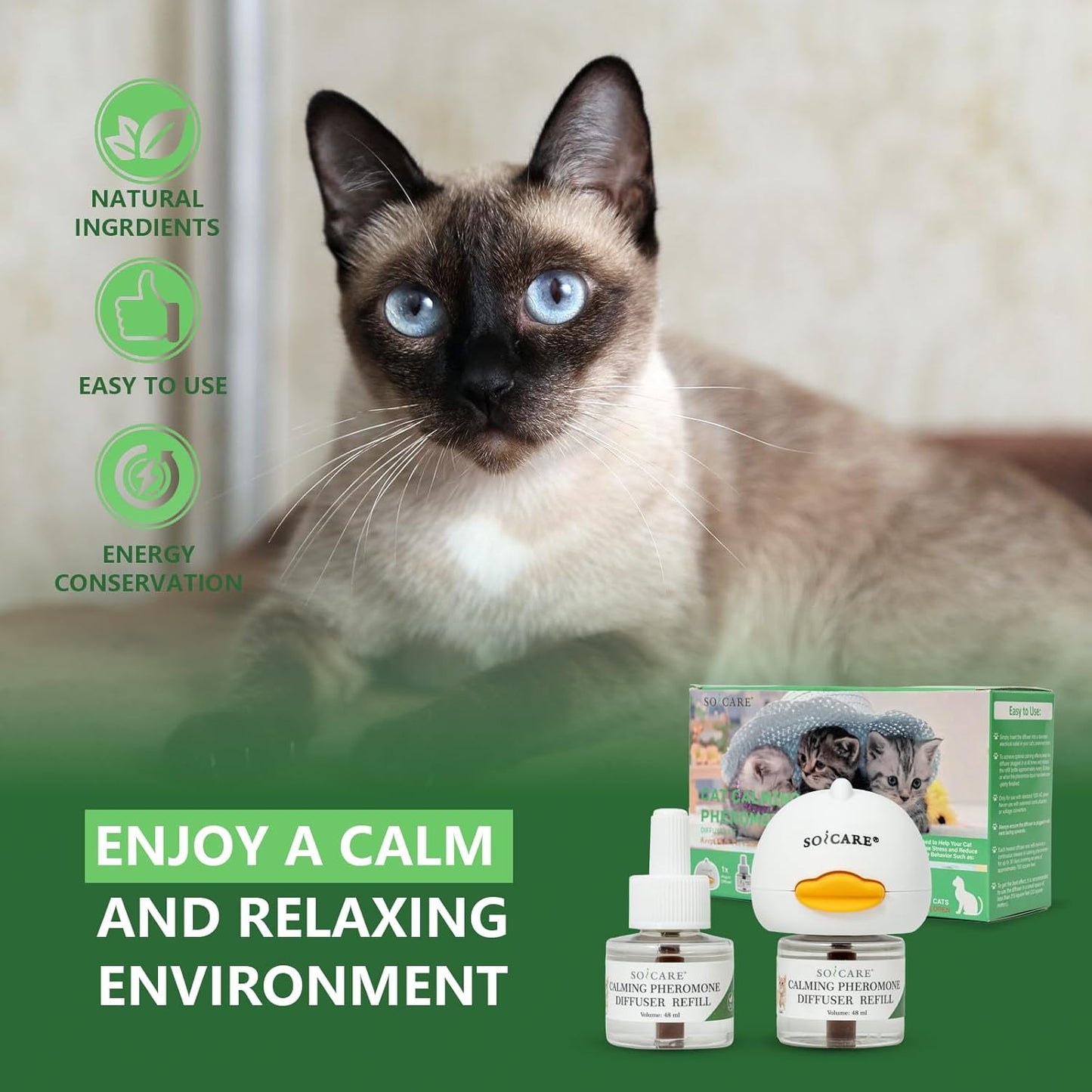 SOICARE Cat Pheromones Calming Diffuser, (1 Diffuser & 2 x 48ml Refills