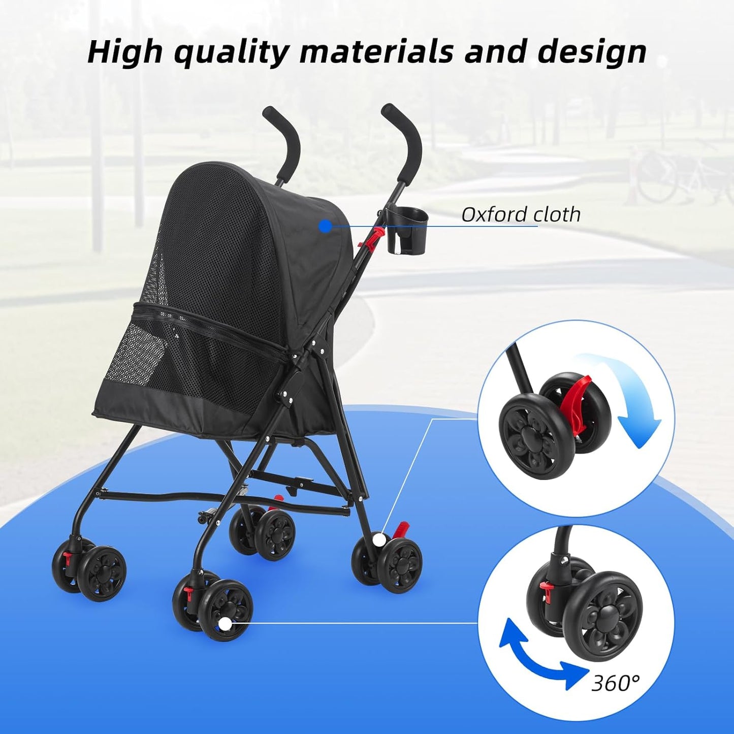 Pet Stroller Oxford Cloth Foldable Dog Strollers for Small Dogs and Cats Suitable for All Road Surfaces Wide-View Panoramic Window 4 Wheels with Brakes Portable Design, Easy to Store (Grey)