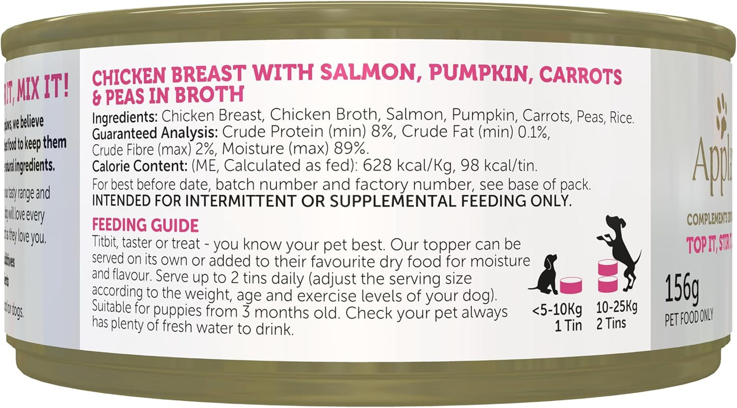 Applaws Taste Toppers 100% Natural Wet Dog Food Chicken Breast with Salmon & Vegetables in Broth Tin 156g (Pack of 16), Limited Ingredients Pet Food
