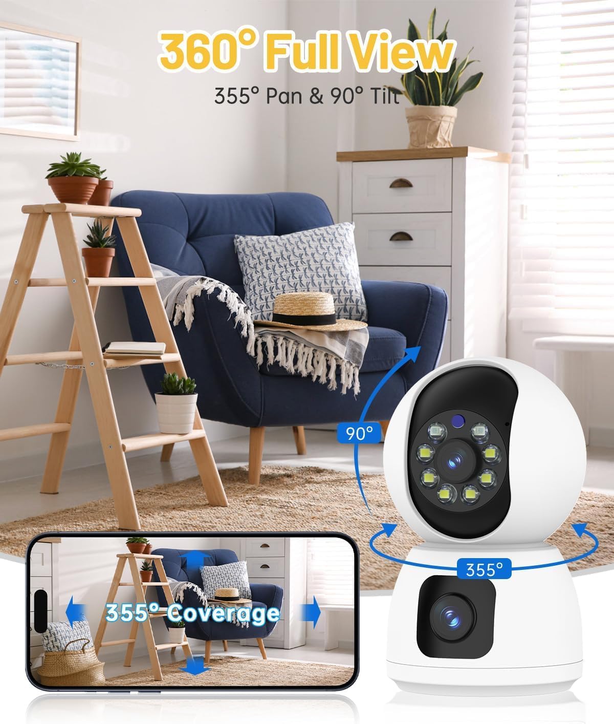 Indoor Security Camera Dual Lens, 2K Pan/Tilt Baby/Dog/Pet Camera with Phone app