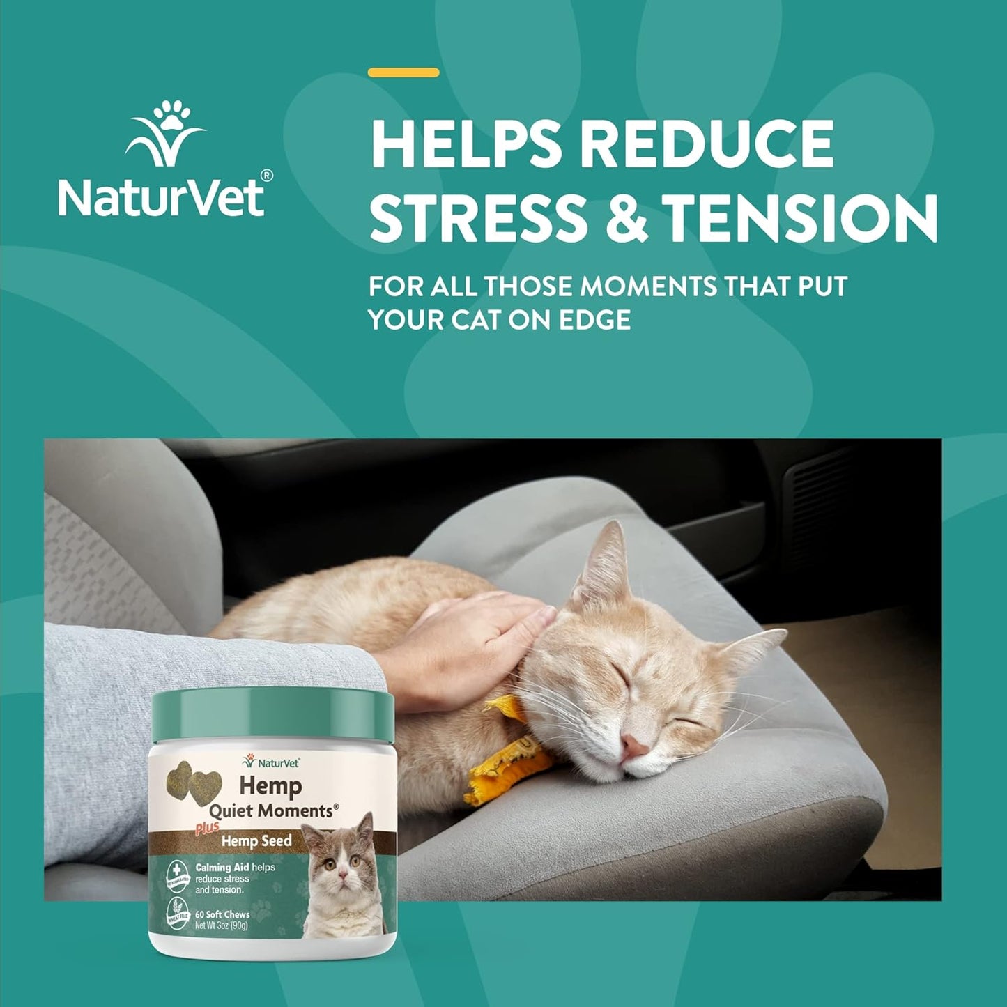 NaturVet Hemp Quiet Moments Plus Hemp Seed for Cats, 60 ct Soft Chews, Made in USA