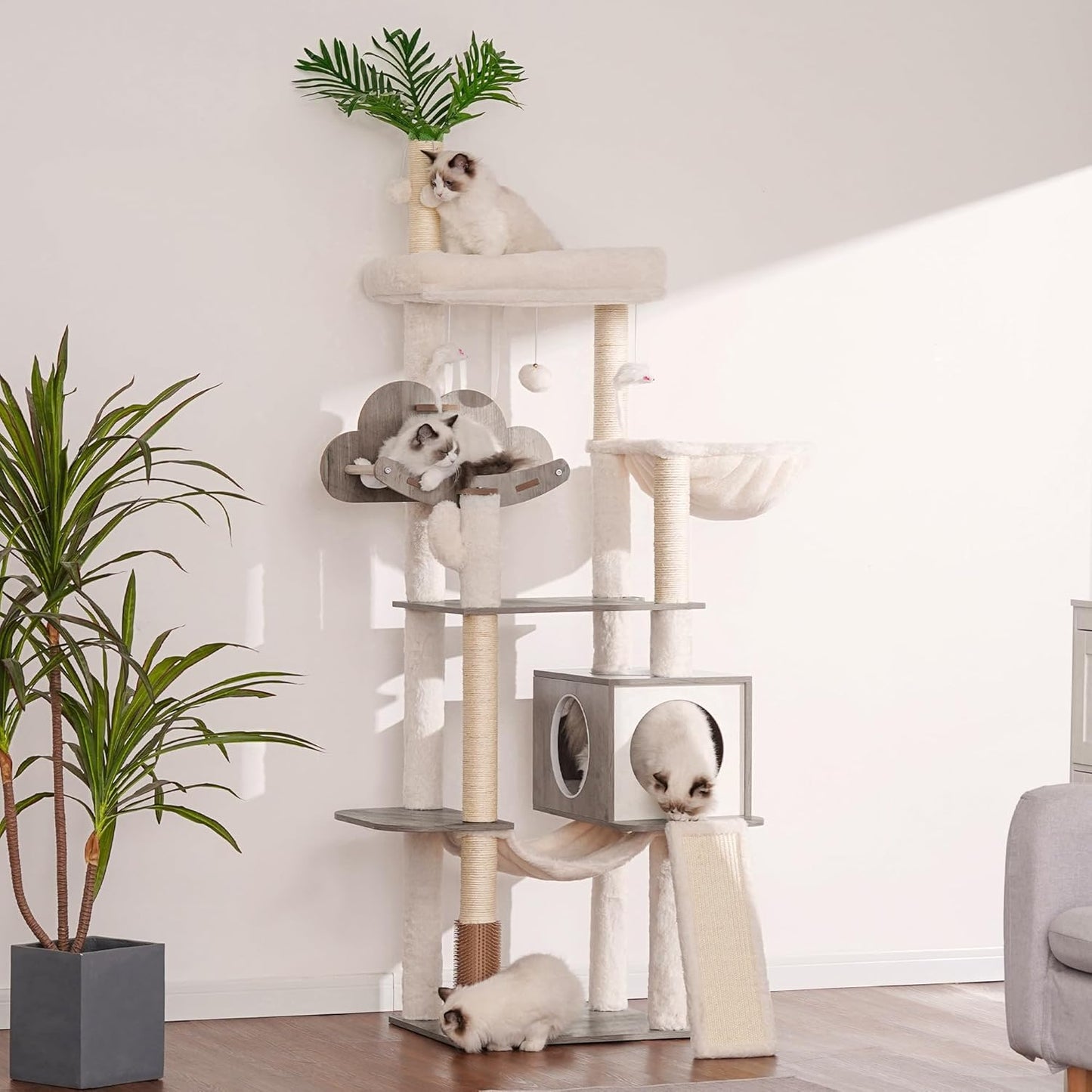 Heybly Wood Cat Tree for Indoor Cats, Cat Condo for Large Cats with Self Groomer
