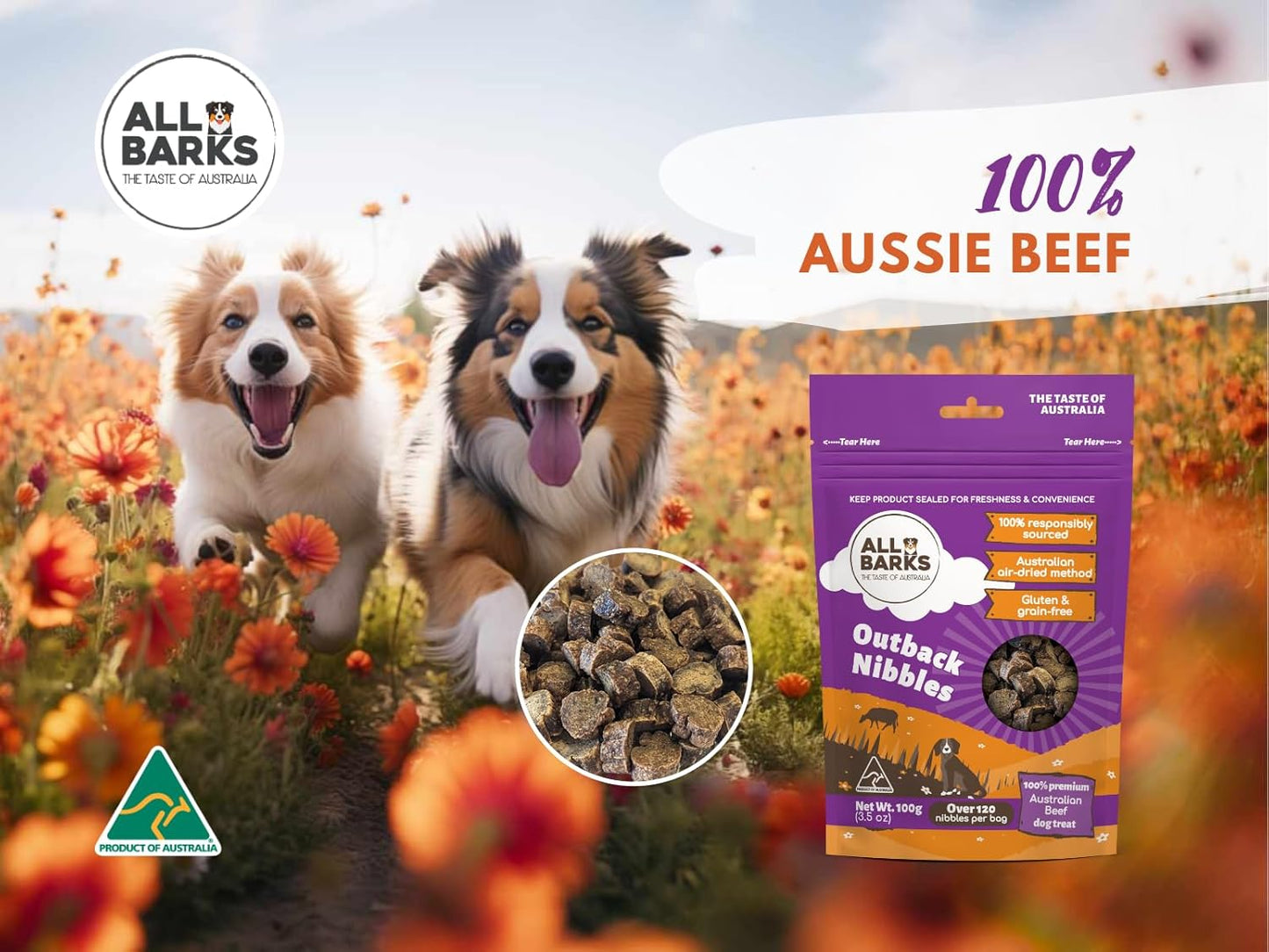 Outback Nibbles - 100% Real Aussie Beef - Natural, Grain-Free, Australian Dog Treats - 100g