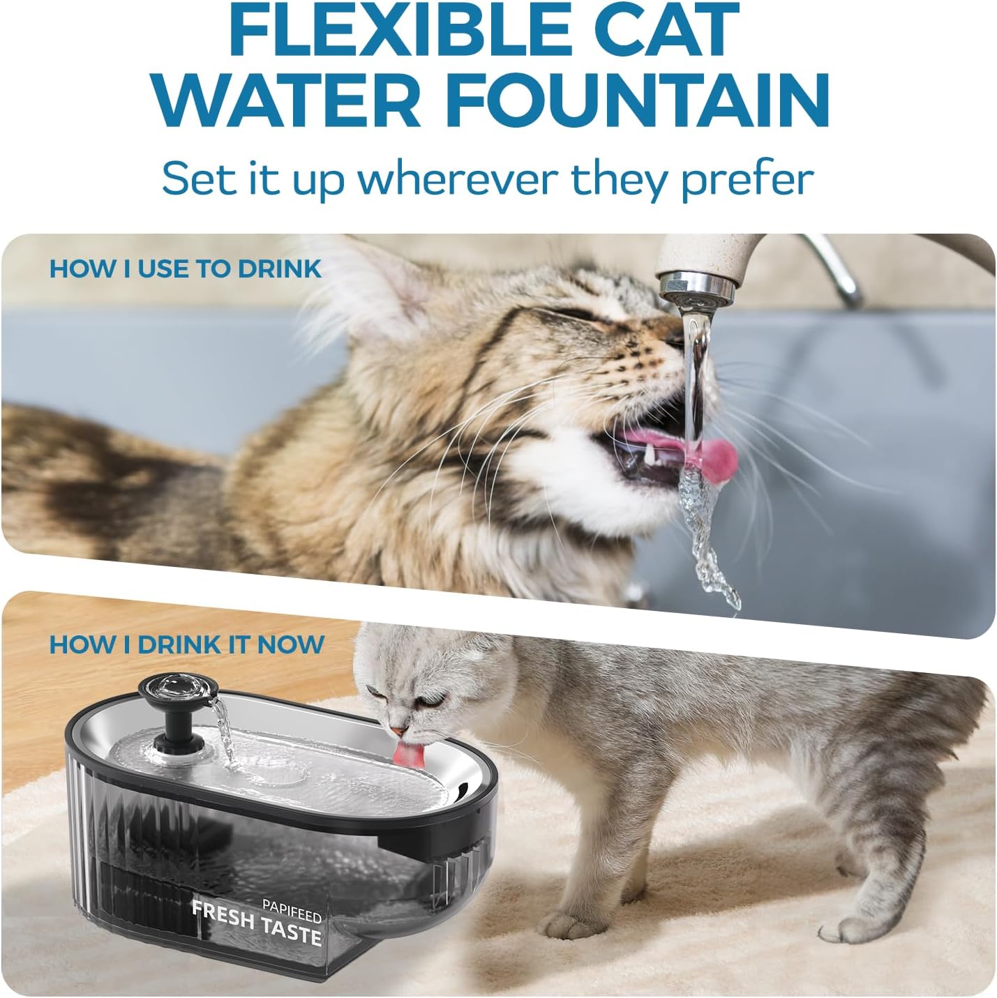 Cat Water Fountain, 84oz/2.5L Automatic Pet Water Fountain Dog Water Dispenser with a Stainless Steel Tray, Easy Cleaning for Cats, Dogs, LED Light - Black