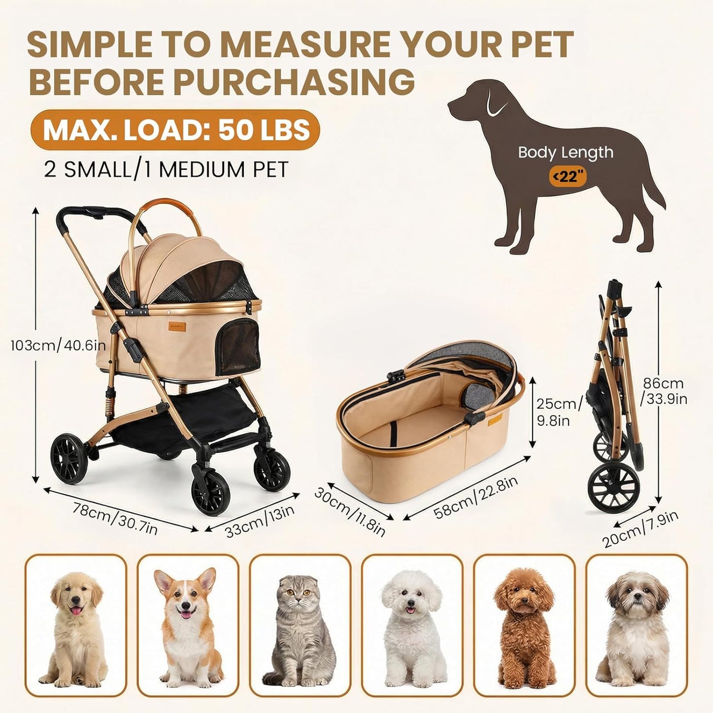 3-in-1 Dog Stroller for Medium Dogs up to 50 lbs, Smooth-Ride Pet Stroller with Detachable Carrier & Car Seat Combo