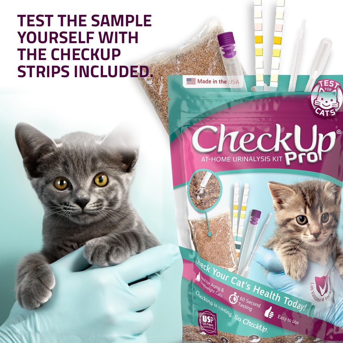 CheckUp Pro at Home Wellness Test for Cats | Hydrophobic Litter for Urine Collection & two 10 Indicators Test Strips for pH, Protein Urobilinogen, Glucose, Bilirubin, Ketone, S-Gravity, Blood in urine