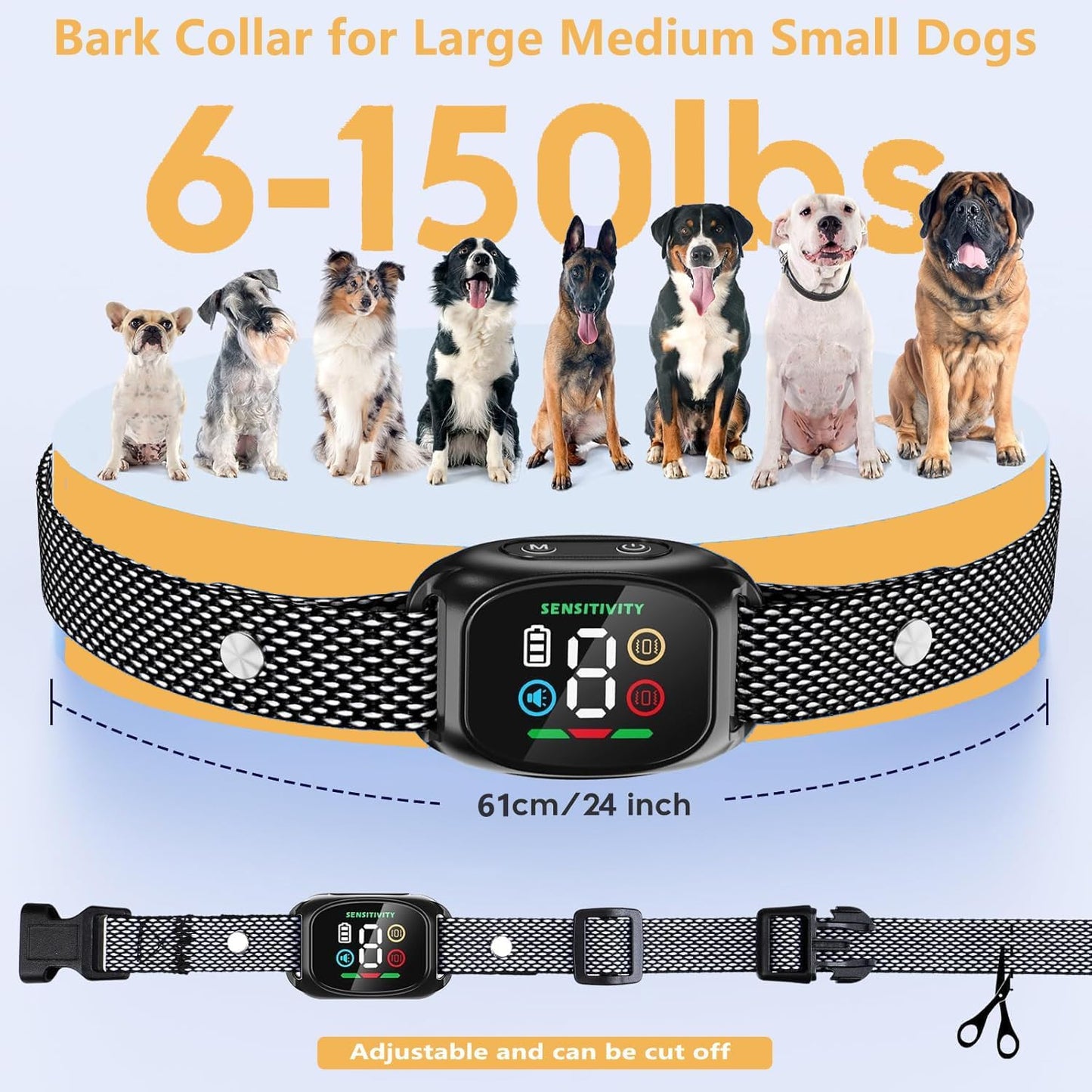 Anti Bark Collar for Dogs, No Shock Bark Collar, Beep & Vibration, Rechargeable Dog Barking Collar, 8 Adjustable Sensitivity