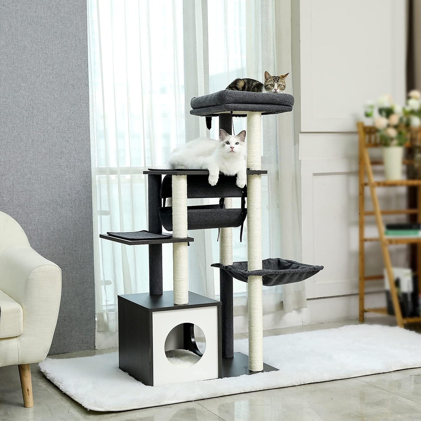 PAWZ Road Cat Tree Cat Scratching Post with a Large Hammock Play Tower, Play Tunnel Wooden Furniture Cat Stand 130cm Grey