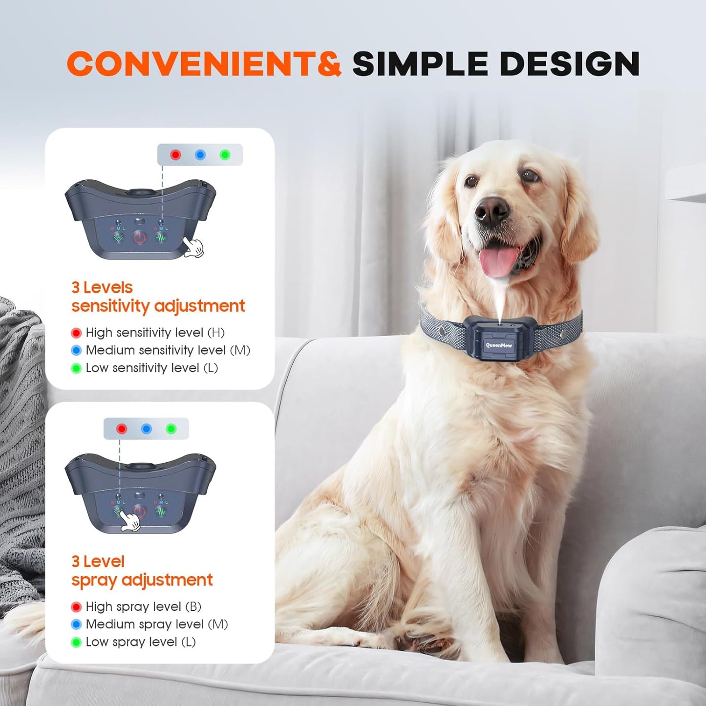 Anti Barking Dog Collars, Spray Bark Collar with 3 Adjustable Sensitivity & Spray Levels