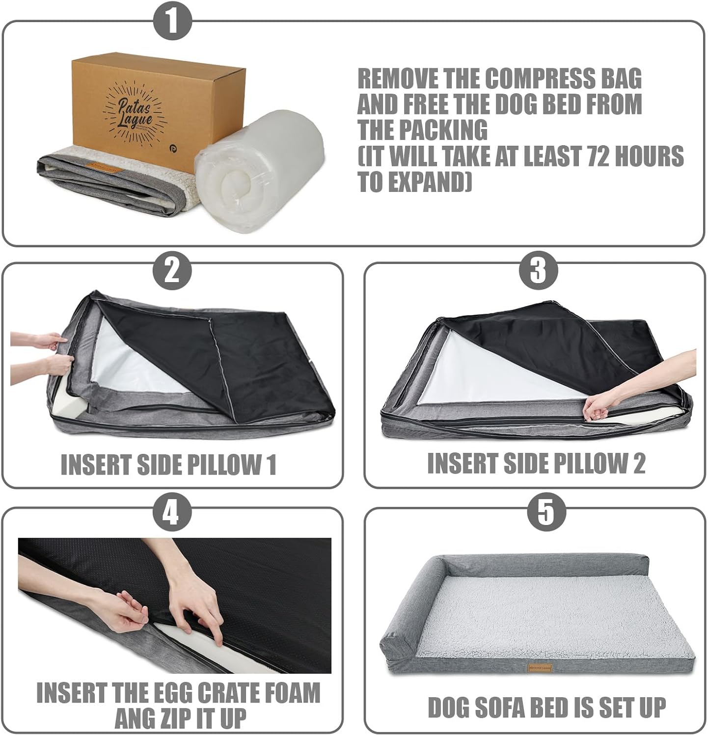Patas Lague Orthopedic Jumbo Dog Bed for Extra Large Dogs 56''X40'', Waterproof L Shape