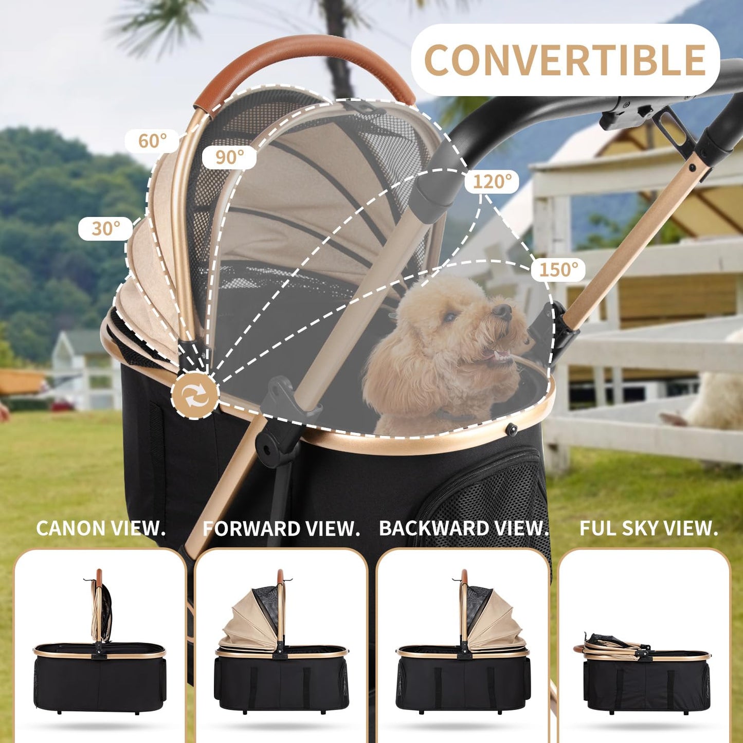 3 in 1 Pet Stroller with 4 Wheels, Foldable Pet Travel Carrier for Small/Medium Dogs Cats up to 50lbs, Detachble Portable Cat Bag, Storage Basket