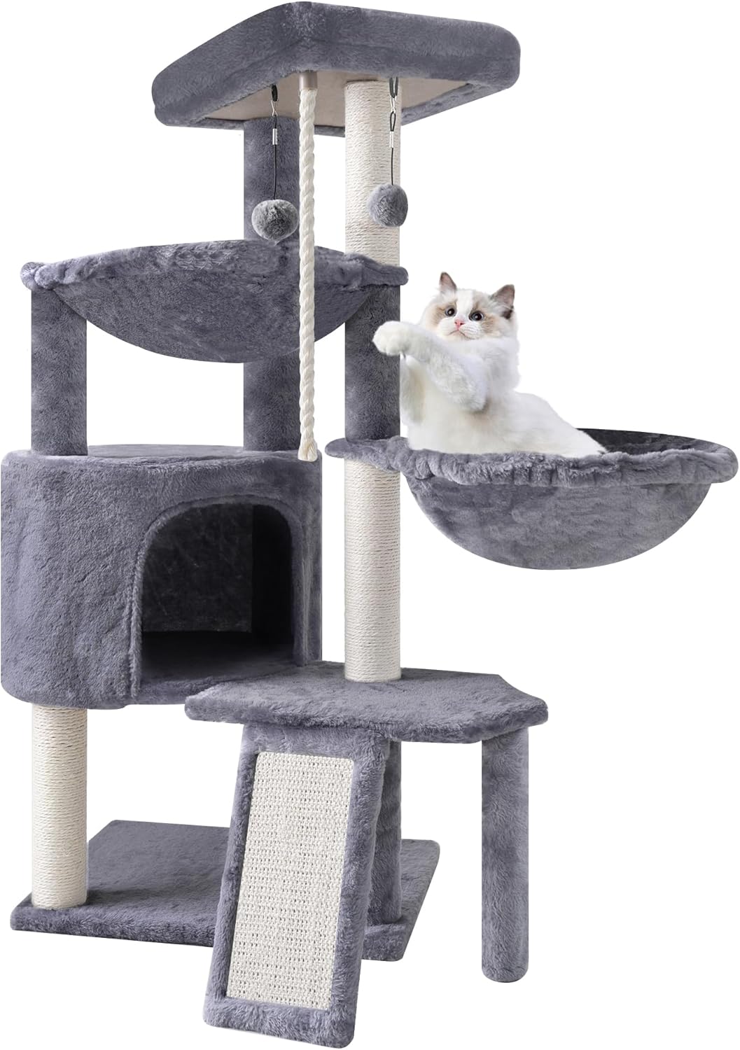 TWDEPART Cat Tree Tower with Scratching Posts,Activity Centre Climbing Tree Furniture with Cat Condo and Two Hammocks,Grey