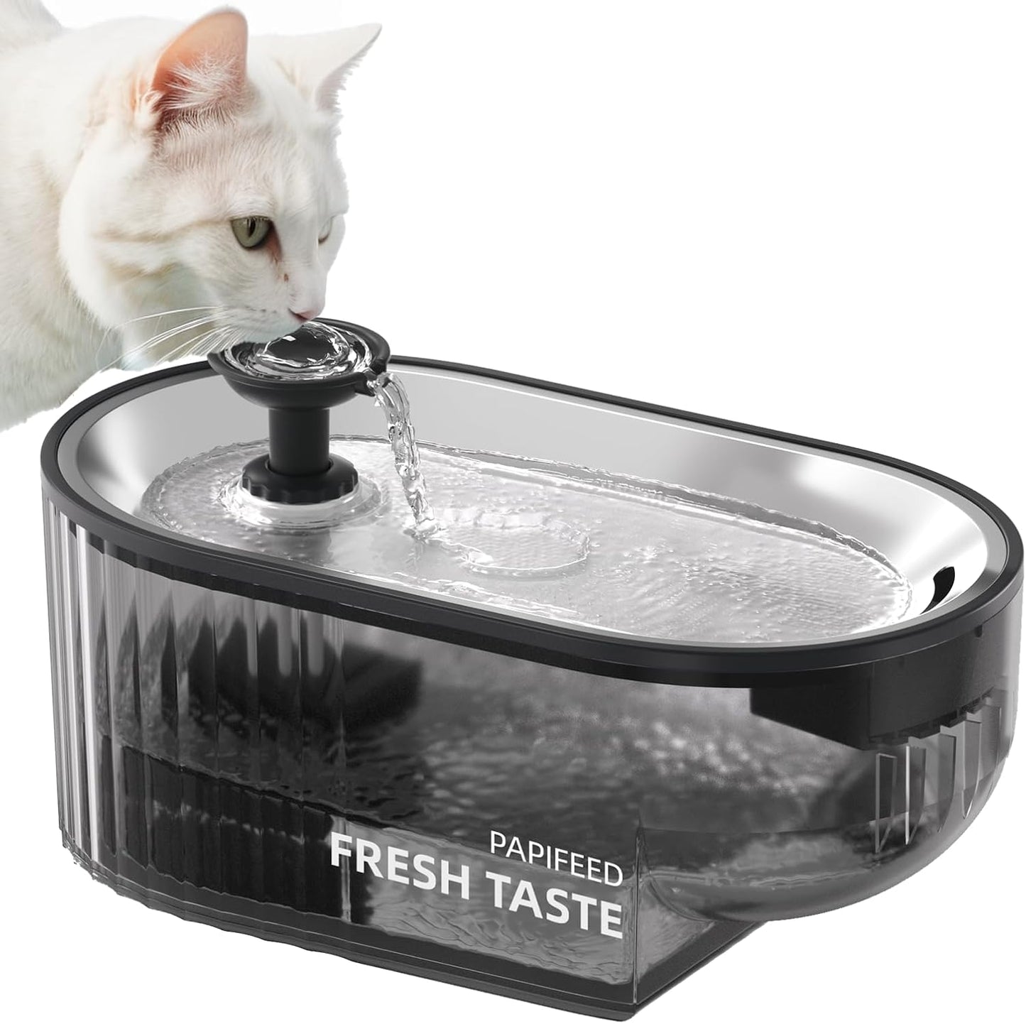 Cat Water Fountain, 84oz/2.5L Automatic Pet Water Fountain Dog Water Dispenser with a Stainless Steel Tray, Easy Cleaning for Cats, Dogs, LED Light - Black