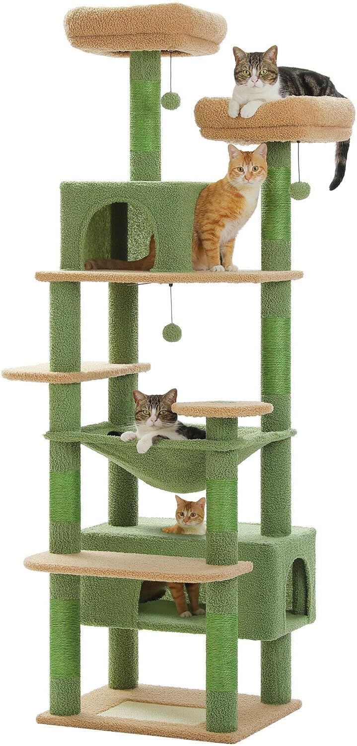 PAWZ Road 184cm Cat Tree with Sisal-Covered Scratching Posts and Pads, Cat Tower for Large Cats with Spacious Hammock, Dual Condos and 2 Padded Perches Green