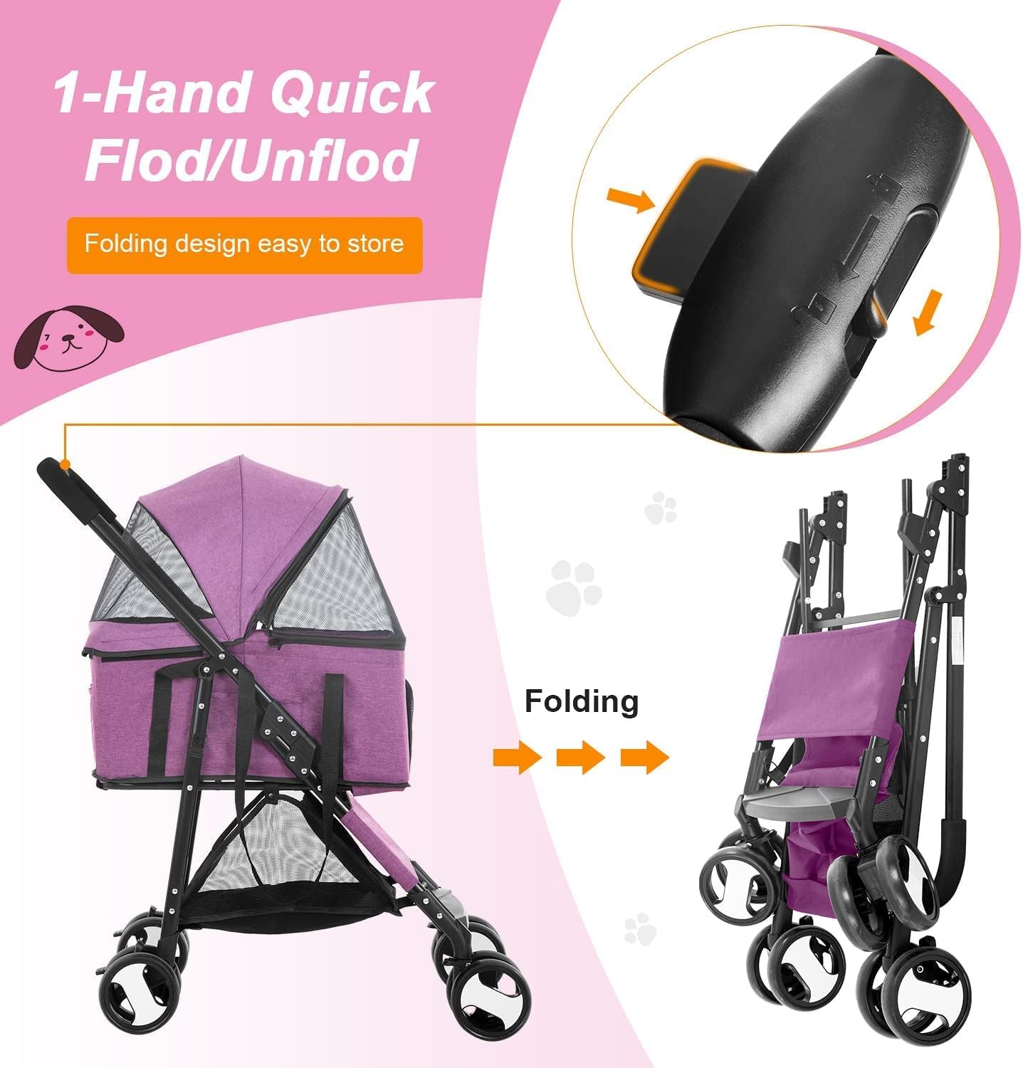 MINYII Pet Stroller Premium 3-in-1 Multifunction Jogger Stroller for Medium Small Dogs Cats Folding Lightweight for Travel with Detachable Carrier,98x65x45cm Portable Pet Stroller for Injured Pet Gift (Pink)