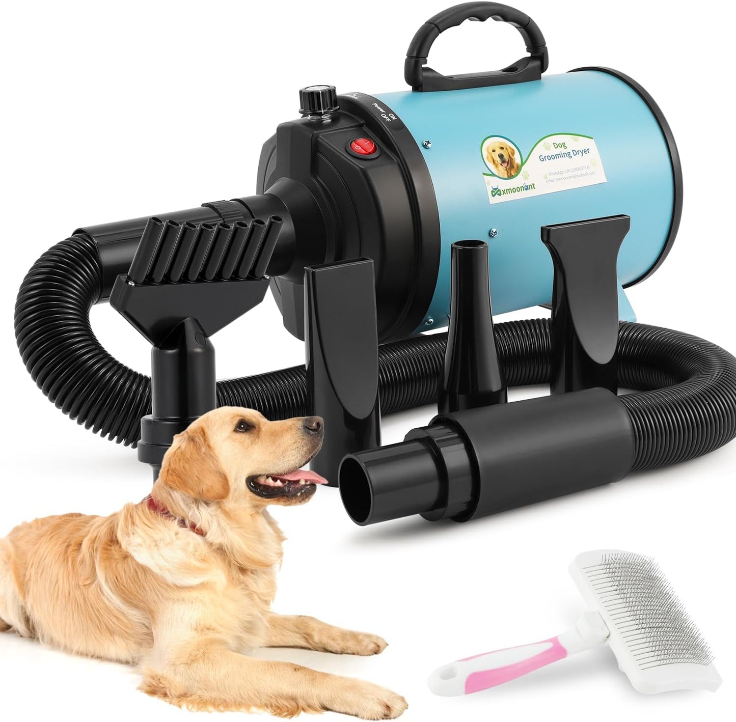 Mxmoonant 2400W 3.2HP Dog Dryer Pets Hair Dryer Stepless Speed Temp Adjustable High Velocity Dog Cat Hair Blower (Blue UK Plug)