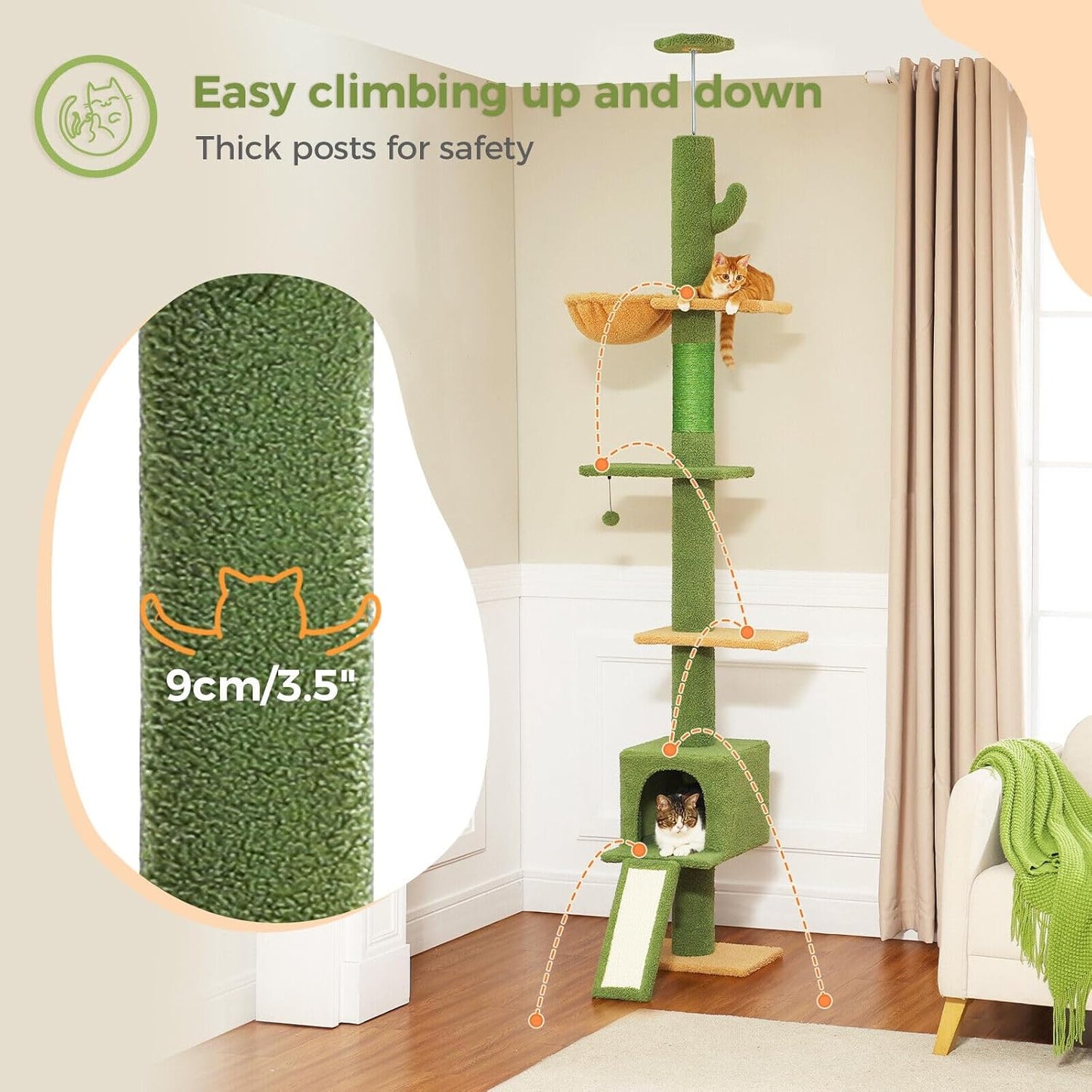 PAWZ Road Floor to Ceiling Cat Tree Tall Cat Tower, Adjustable Height (210-274cm), 5 Tiers Cat Climbing Tree with Cozy Cat Hammock and Condo, Cat Scratching Post for Indoor Cat, Green
