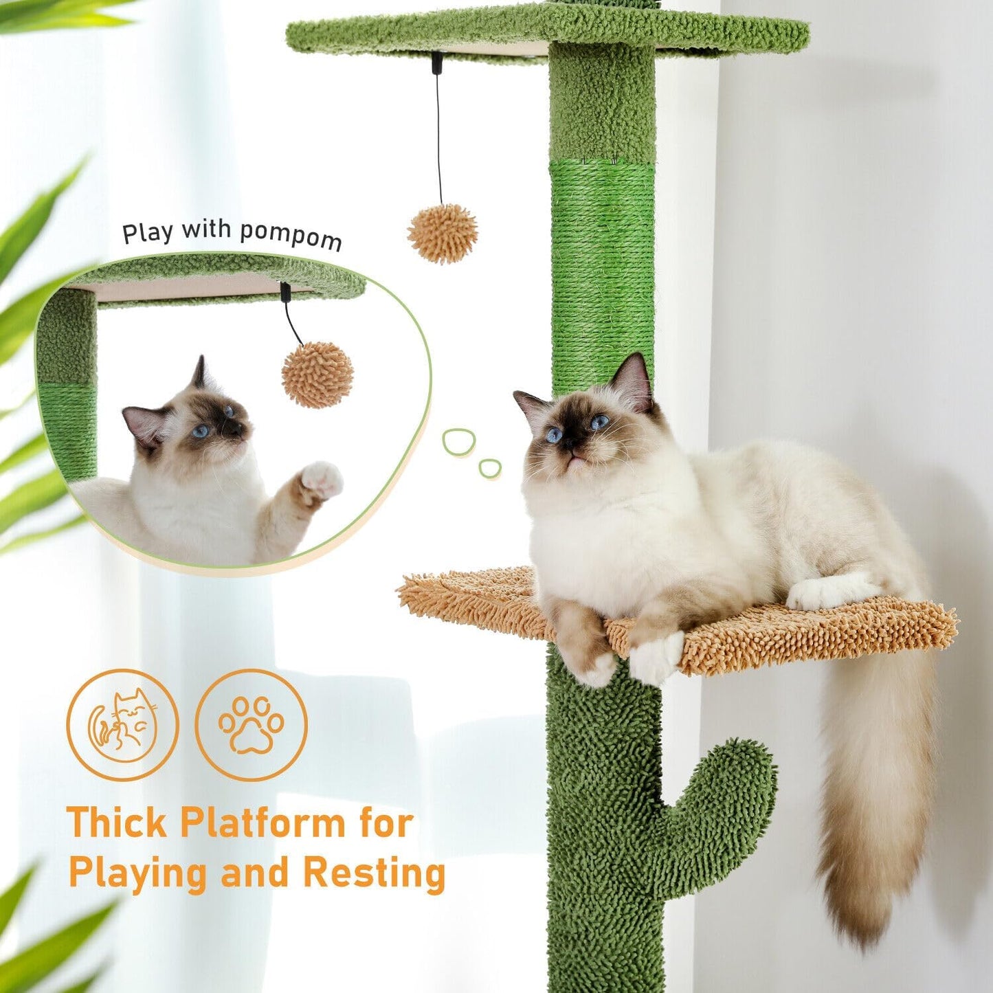 PAWZ Road Cactus Cat Tree Four Tier Floor-to-Ceiling Cat Climbing Tower with Cozy Hammock, Cat Activity Center 9 Feet Green