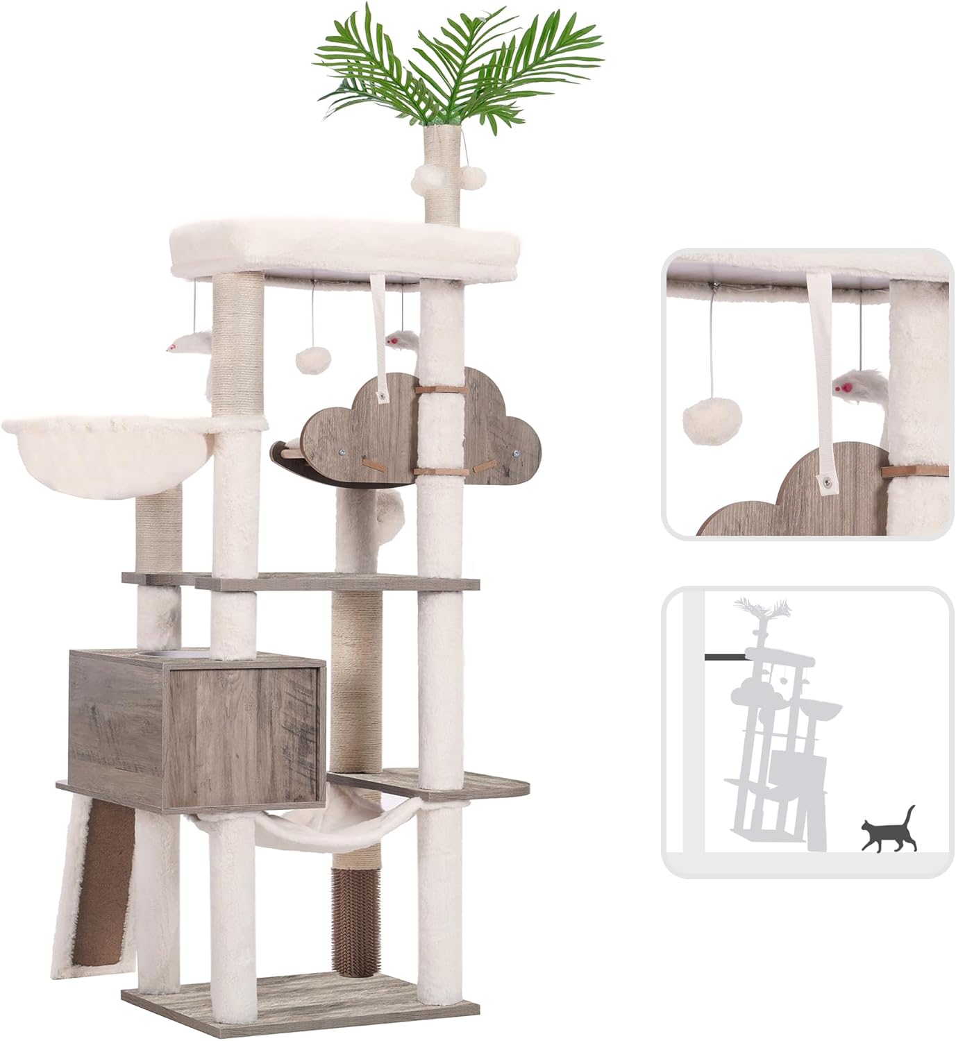 Heybly Wood Cat Tree for Indoor Cats, Cat Condo for Large Cats with Self Groomer