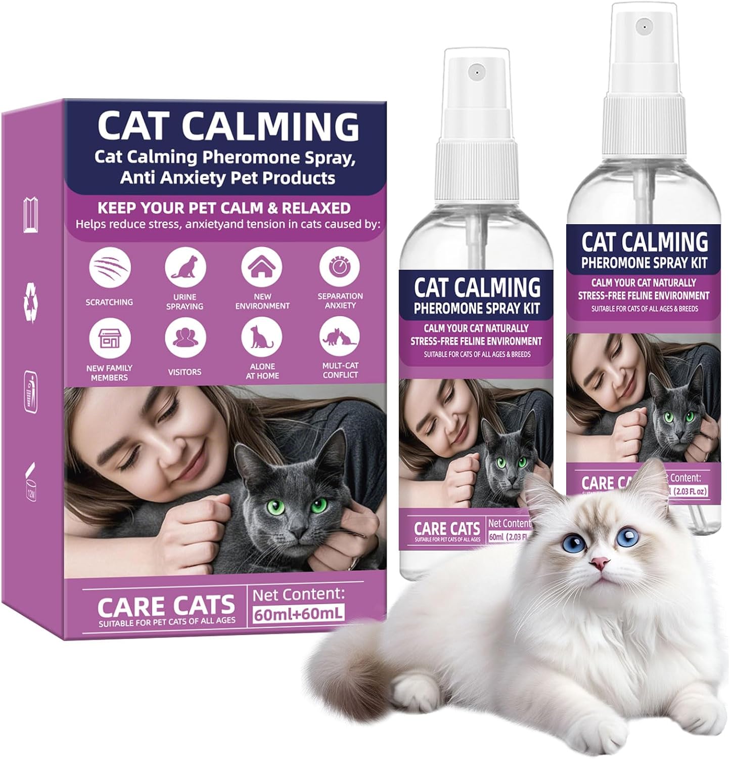 Cat Calming Pheromone Spray Kit Feline Calm Pheromones Vet Recommended Drug-Free Anxiety Relief for Multi-Cat Homes,Stops Scratching & Urine Marking,60-Day Supply | Drug-Free (2 * 60 mL)