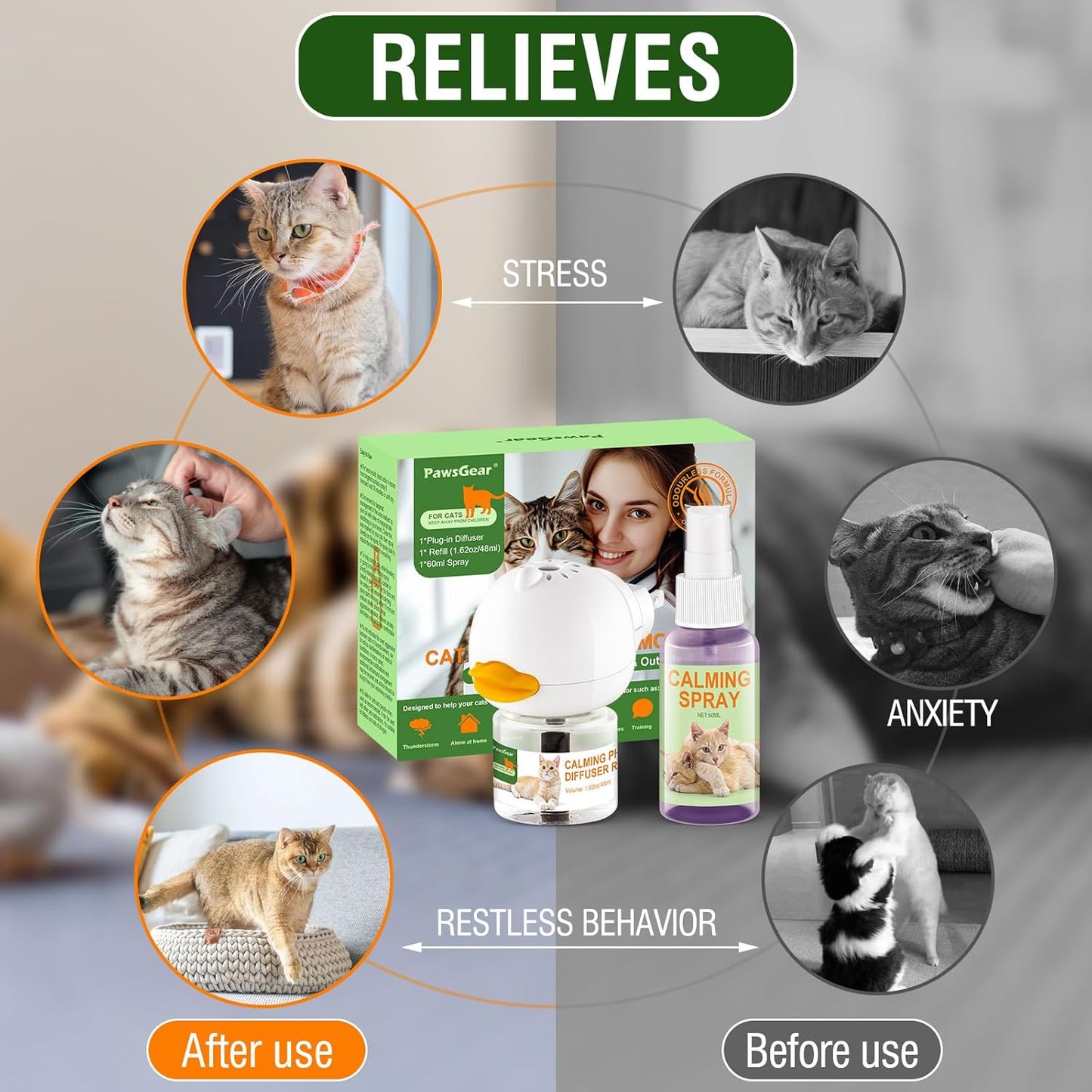 Cat Calming Pheromone Diffuser and Spray,Relieve Anxiety Stress Reduce Fighting and Scratching,Fits All Cats