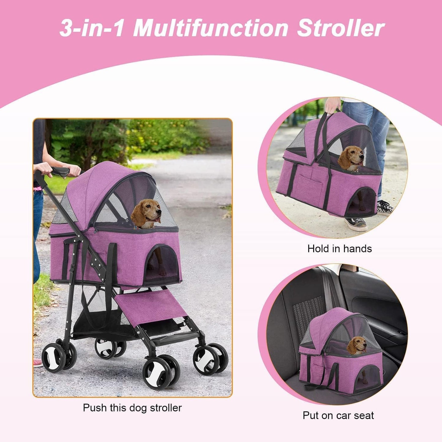 MINYII Pet Stroller Premium 3-in-1 Multifunction Jogger Stroller for Medium Small Dogs Cats Folding Lightweight for Travel with Detachable Carrier,98x65x45cm Portable Pet Stroller for Injured Pet Gift (Pink)