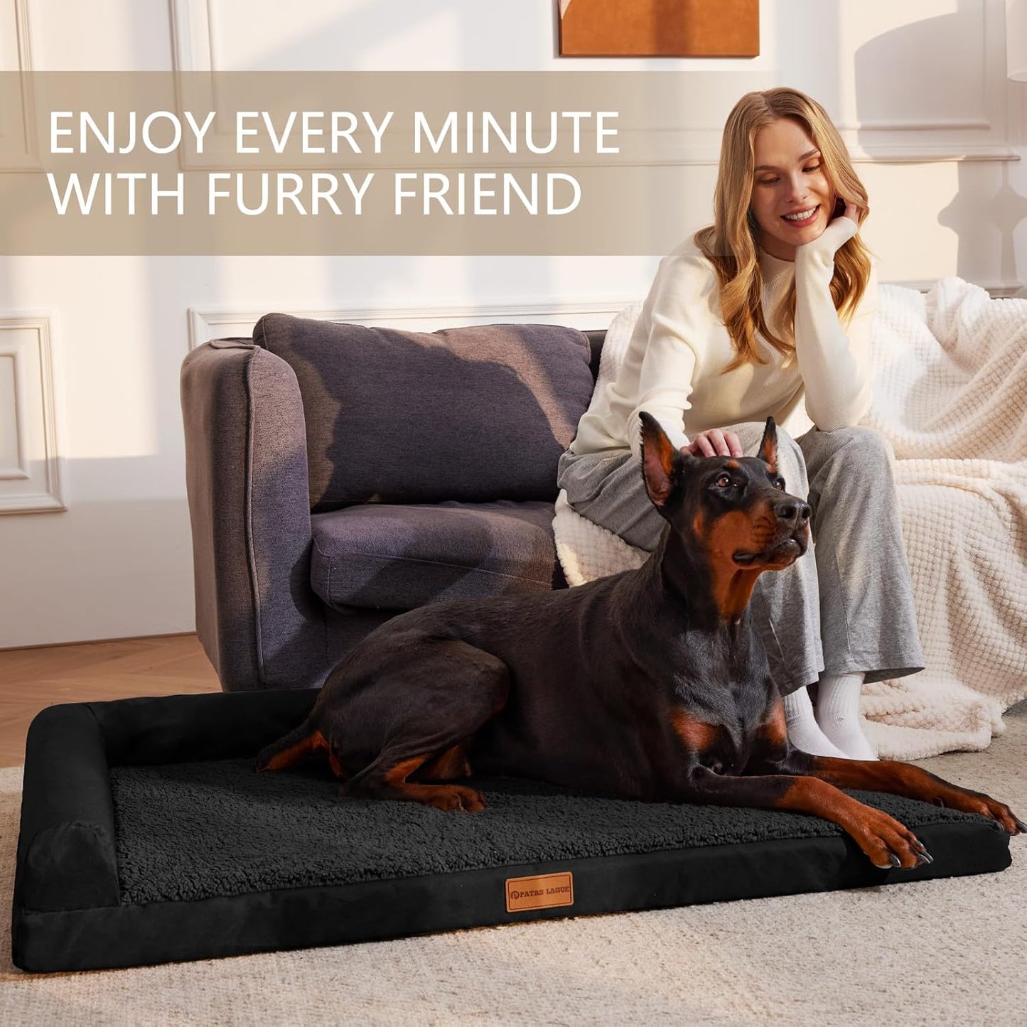 Patas Lague Orthopedic Jumbo Dog Bed for Extra Large Dogs 56''X40'', Waterproof L Shape
