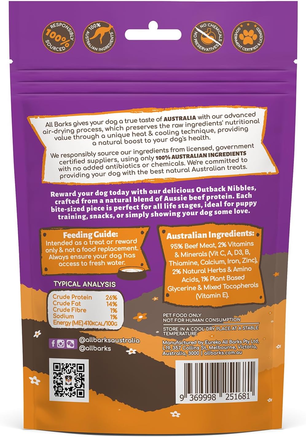 Outback Nibbles - 100% Real Aussie Beef - Natural, Grain-Free, Australian Dog Treats - 100g