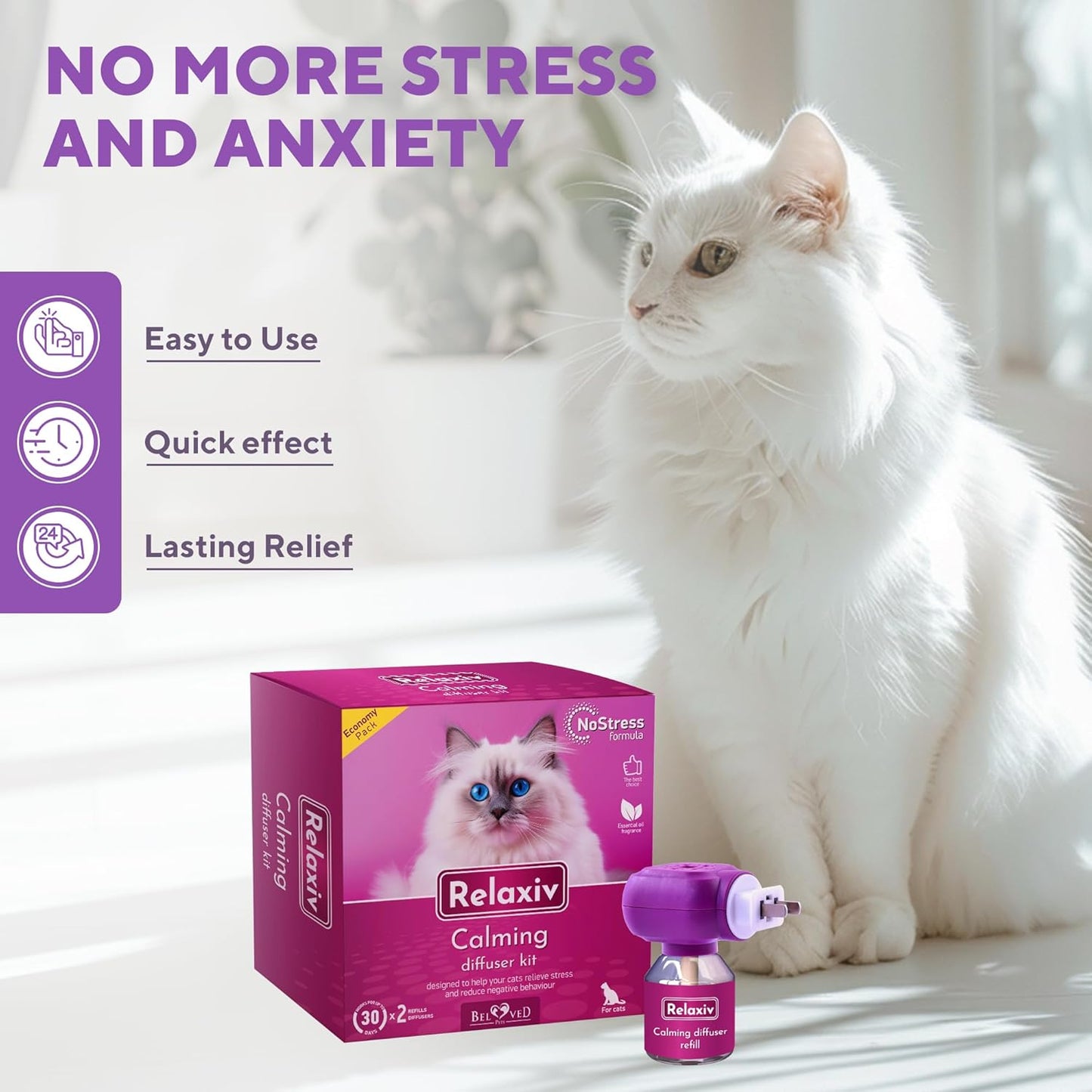 Beloved Pets Cat Calming Diffuser & Pet Anti Anxiety Products - Feline Calm Pheromones Plug in & Cats Stress Relief (2 Diffusers + 2 Refills))