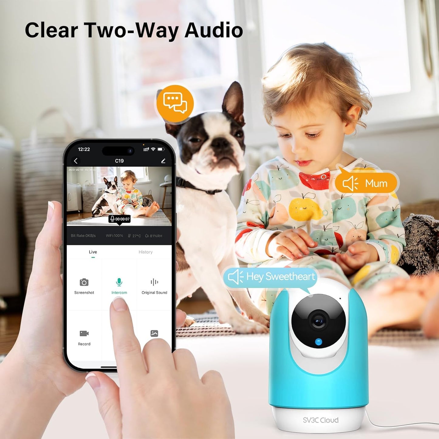 SV3C Indoor Security Camera 2K Pan/Tilt Wireless WiFi Pet Camera Temp & Humidity Cry Noise and Motion Detection, Two Way Audio 2.4G&5G Baby with Alexa
