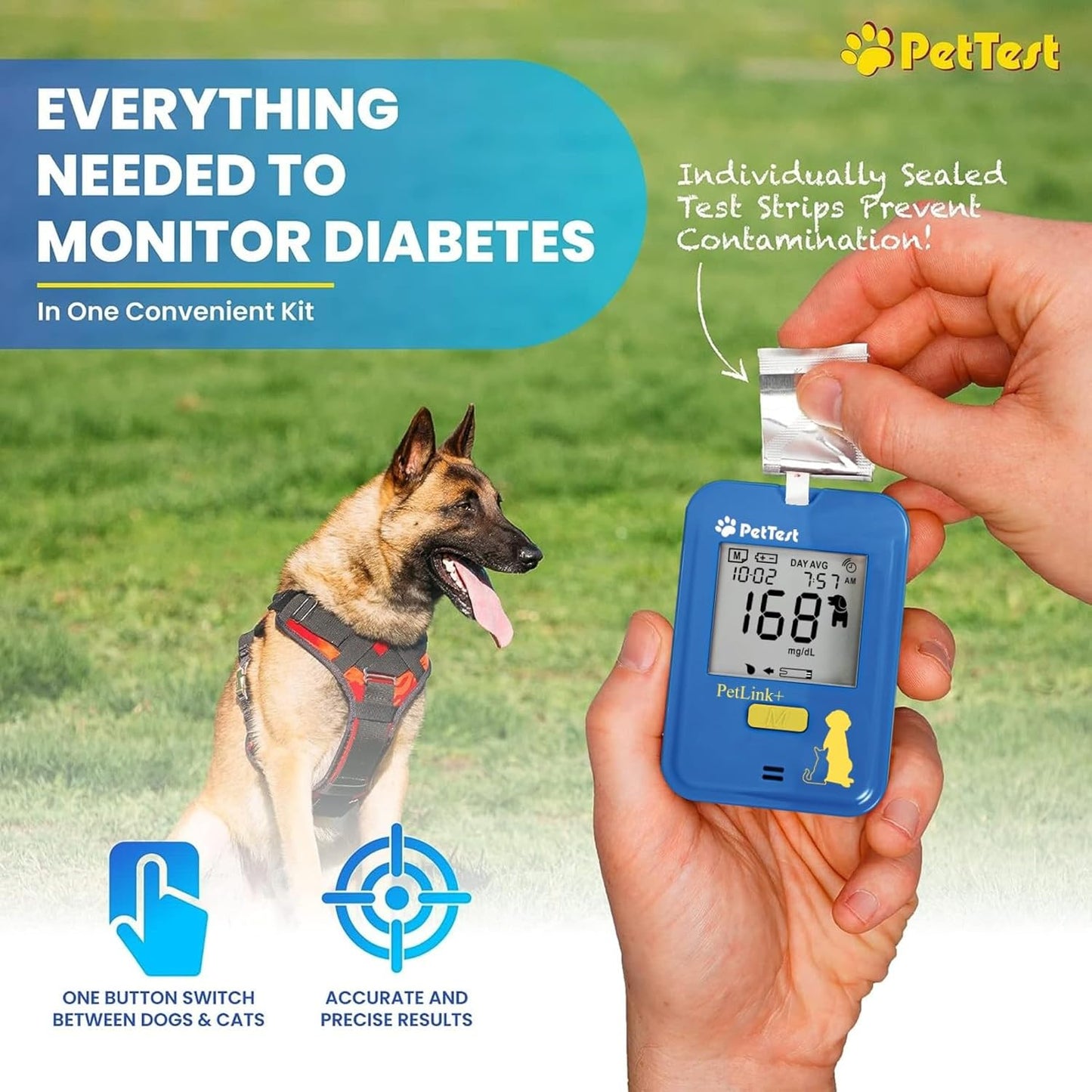 PetTest Painless Glucose Monitoring Kit for Dogs & Cats, Diabetic Pet Blood Sugar Check Gear, Includes Wireless PetLink+ Meter, 50 Test Strips