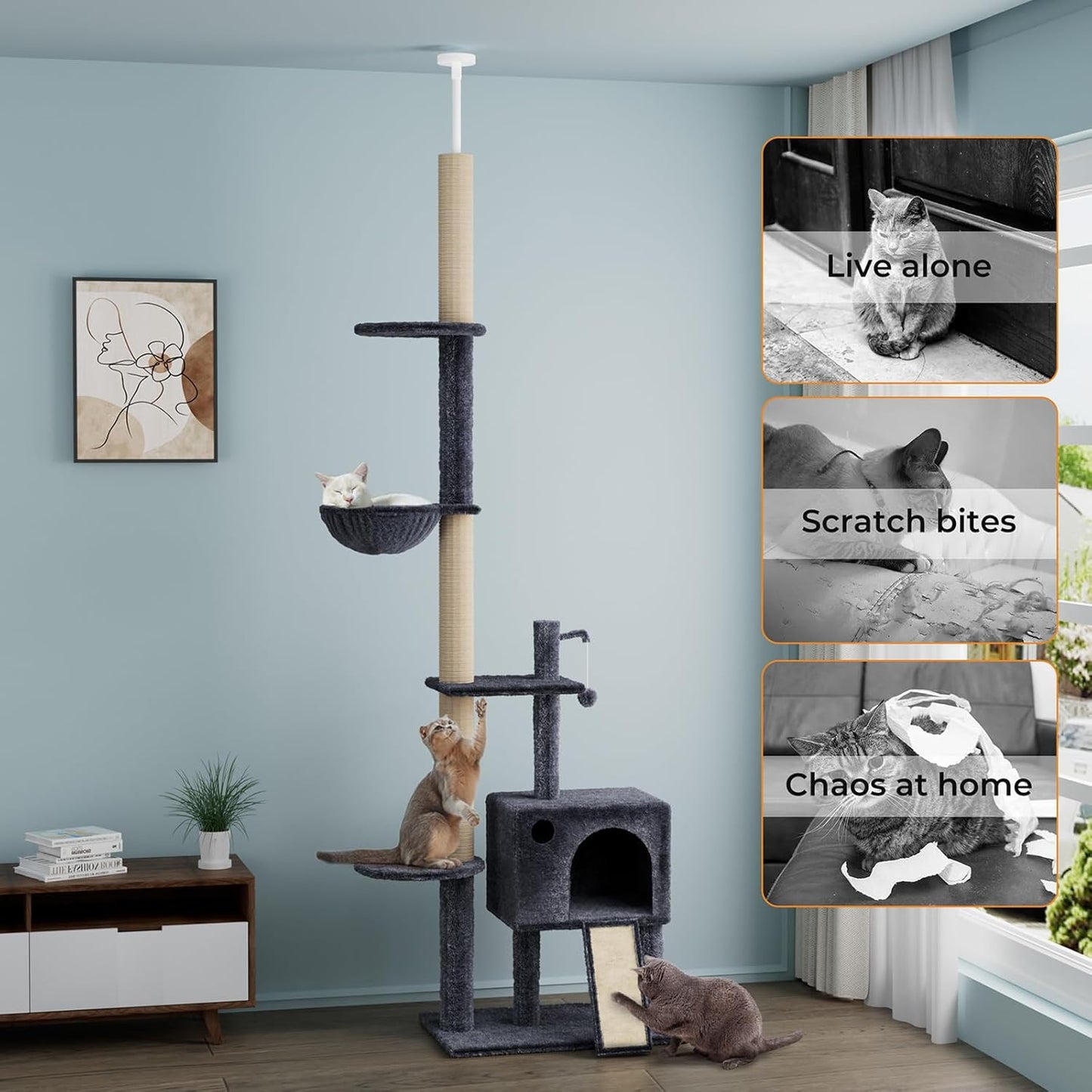 Pawz Large Cat Tree Tower Condo for Indoor Cats, Scratching Post, Soft Plush Multi-Level Climbing Tree, Activity Center, Cat Condo and Big Hammock, House, Dangling Ball, Adjustable Height 230CM-275CM