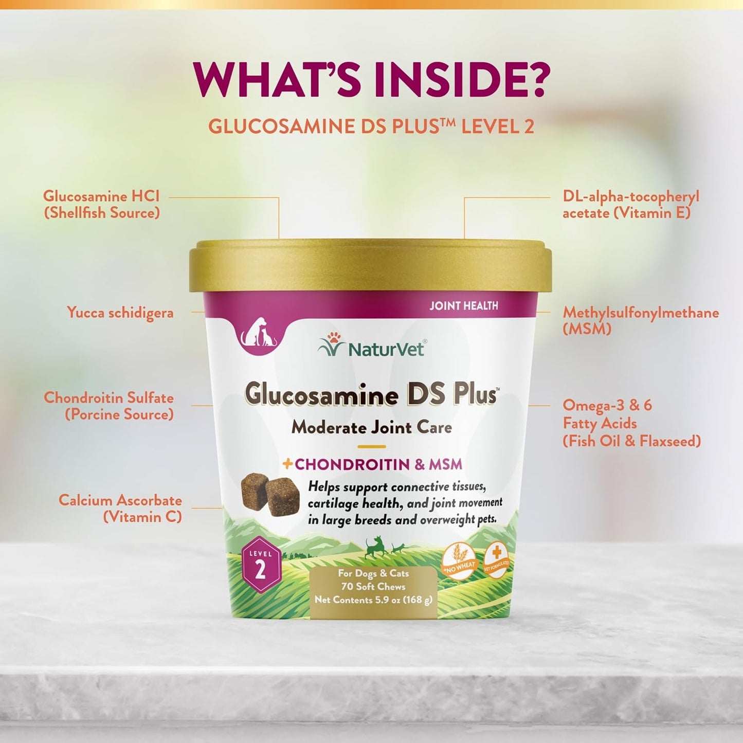 NaturVet Glucosamine DS Plus Level 2 Moderate Joint Care for Dogs and Cats, 70 ct Soft Chews, Made in USA