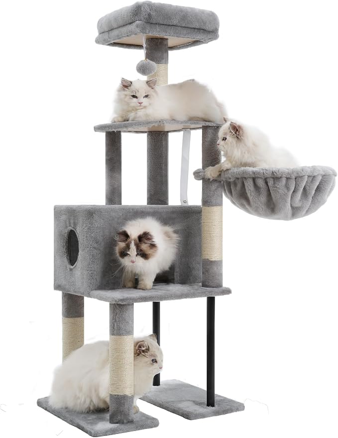 Heybly HCT200SW Cat Scratching Post, 125 cm, Small Cat Tree, Spacious and Comfortable Scratching Post with Cave